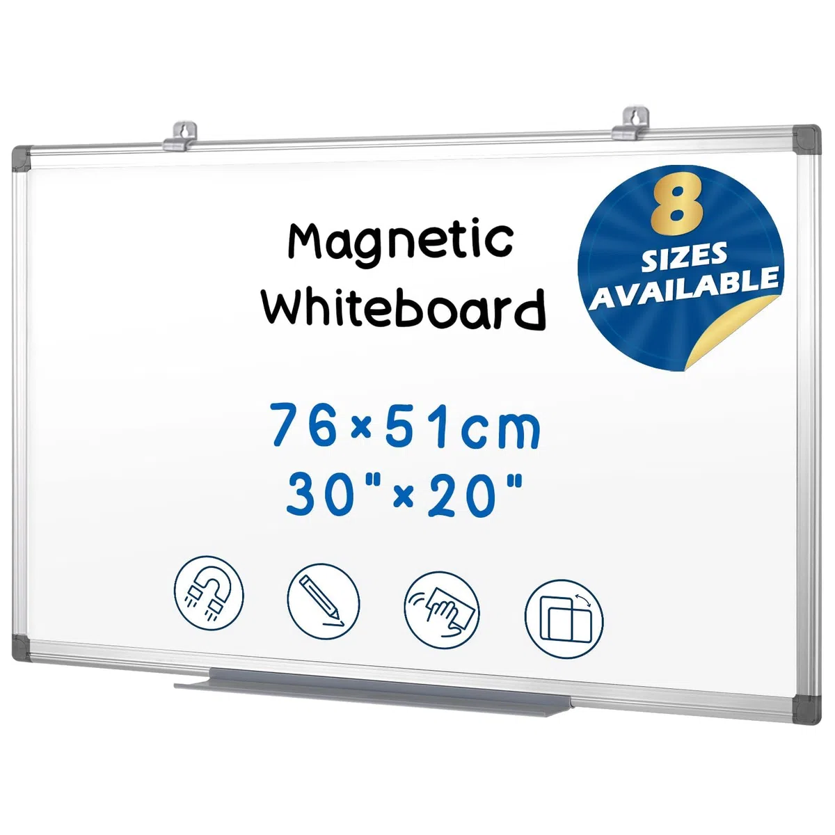 SWANCROWN Whiteboard, 76x50cm, Magnettafeln mit Aluminiumrahmen | Wandmontage oder Aufhängung, Trocken Abwischbar, Magnettafel Beschreibbar, mit Stiftablage, Whiteboard für Büro, Küche, Home