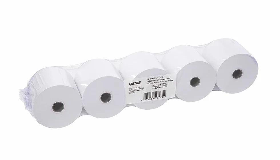CASIO Druckender Tischrechner HR-8RCE, 12-stellig & GENIE Additionsrollen Ersatz-Papierrollen geeignet für Kassen und druckende Tischrechner 40 lfm 100 prozent Holzfrei 57 x 12 mm, weiß, 5 Stück