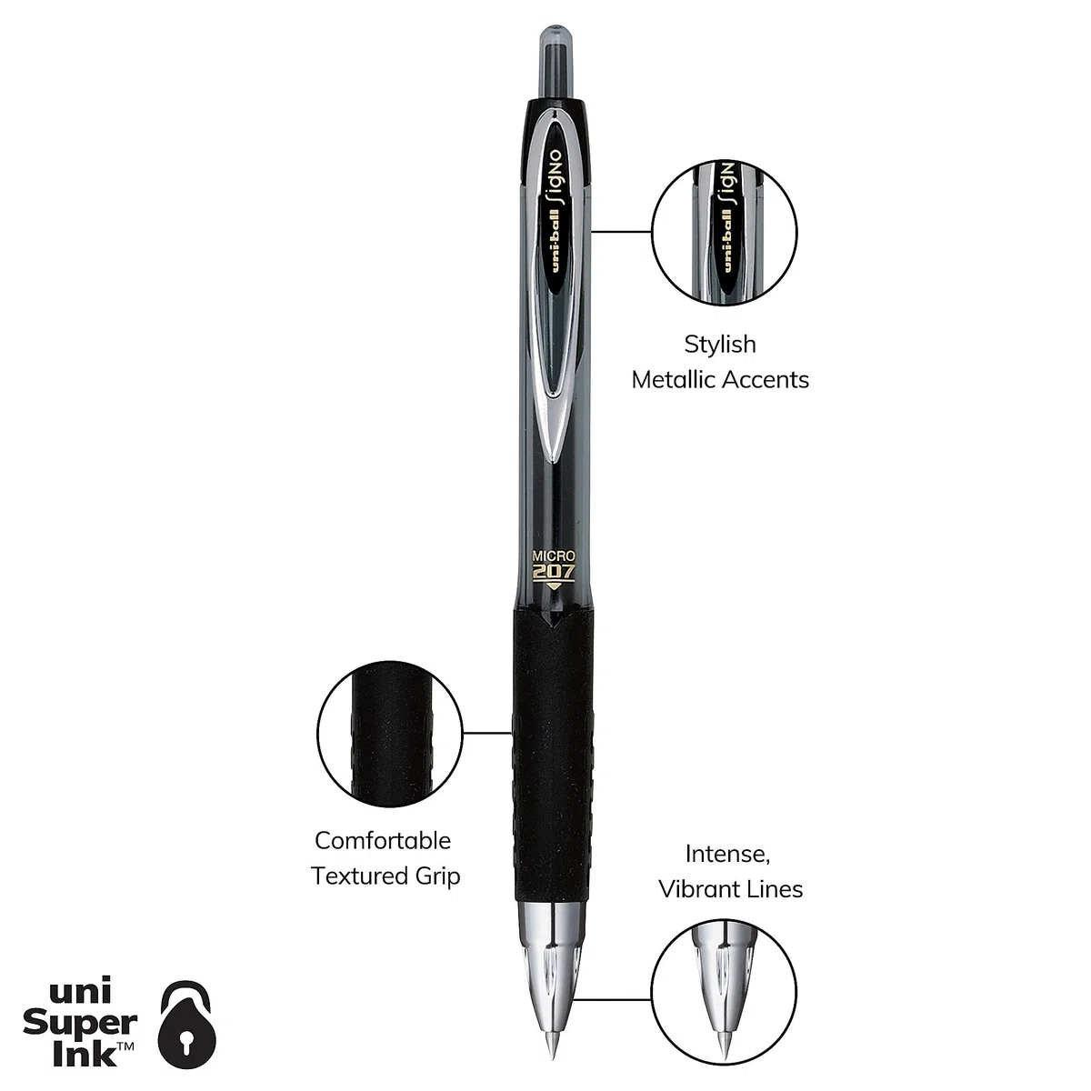 uni-ball 207 einziehbare Gelstifte, Mikrospitze (0,5 mm), Schwarz, 12 Stück