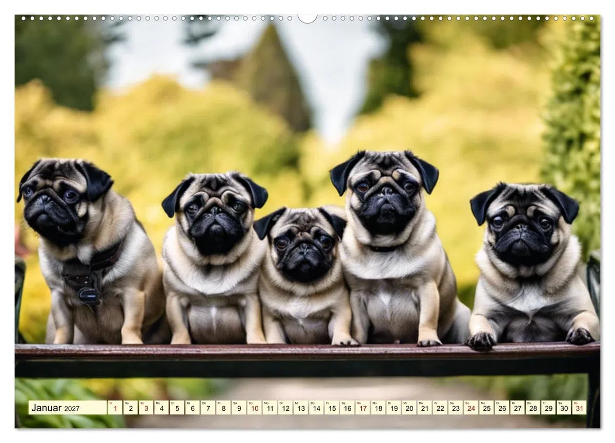 CALVENDO - Möpse - quirlige Charmebolzen (hochwertiger Premium Wandkalender 2027 DIN A2 quer), Kunstdruck in Hochglanz: Die i en Familien - und Seniorenhunde