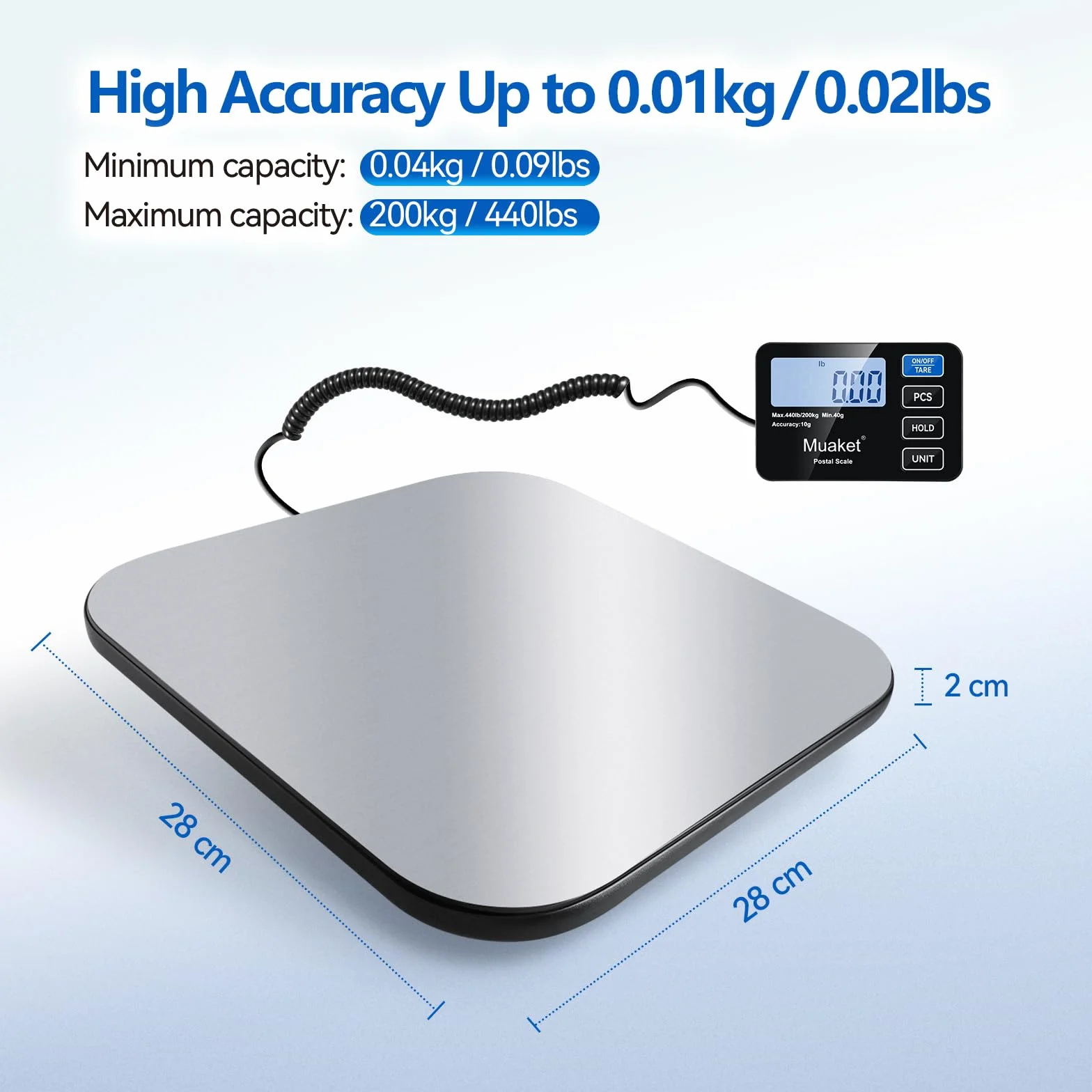 200kg/10g Paketwaage, Digitale Plattformwaage mit Halte und Tarafunktion, hochpräzise Waage mit LCD-Display, Postal scale für Gepäck, Pakete und Lager, inklusive 2 AAA-Batterien und Ladekabel