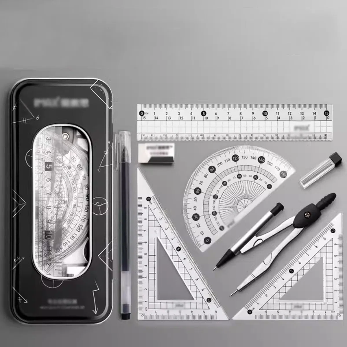 Mathe-Set, Winkelmesser-Set, Mathe-Geometrie-Set, 8-teilig, mit Aufbewahrungsbox, Schülerbedarf, Zeichenkompass, inklusive Winkelmesser, Linealen, Zirkel, Anspitzer, Minenminen, Bleistift, Radiergummi