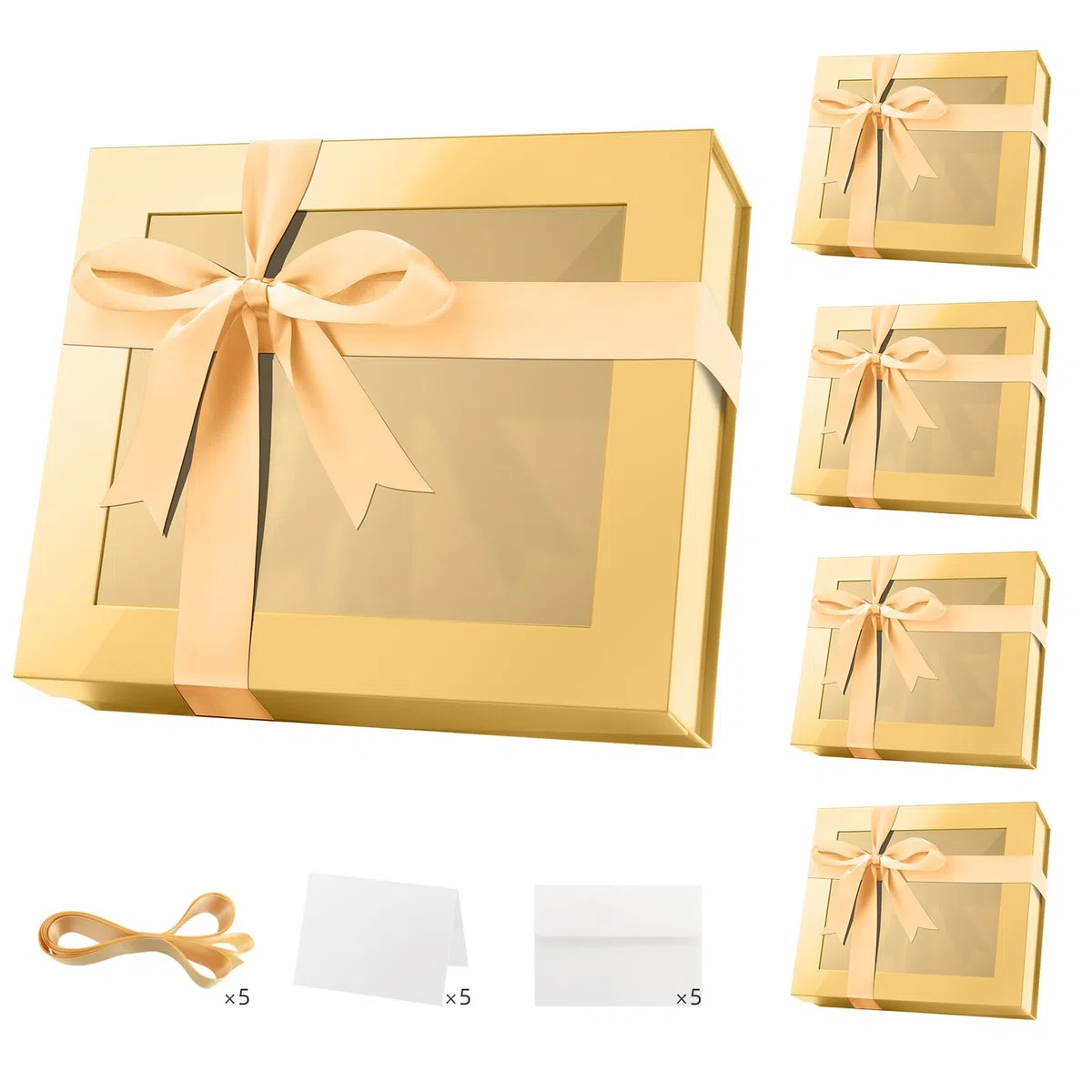 PACKQUEEN 5 extra große goldene Geschenkboxen mit Fenster, 41 x 36 x 12 cm, transparente Geschenkboxen für Geschenke enthalten Bänder, Karten, Brautjungfernantragsboxen mit magnetischen Deckeln