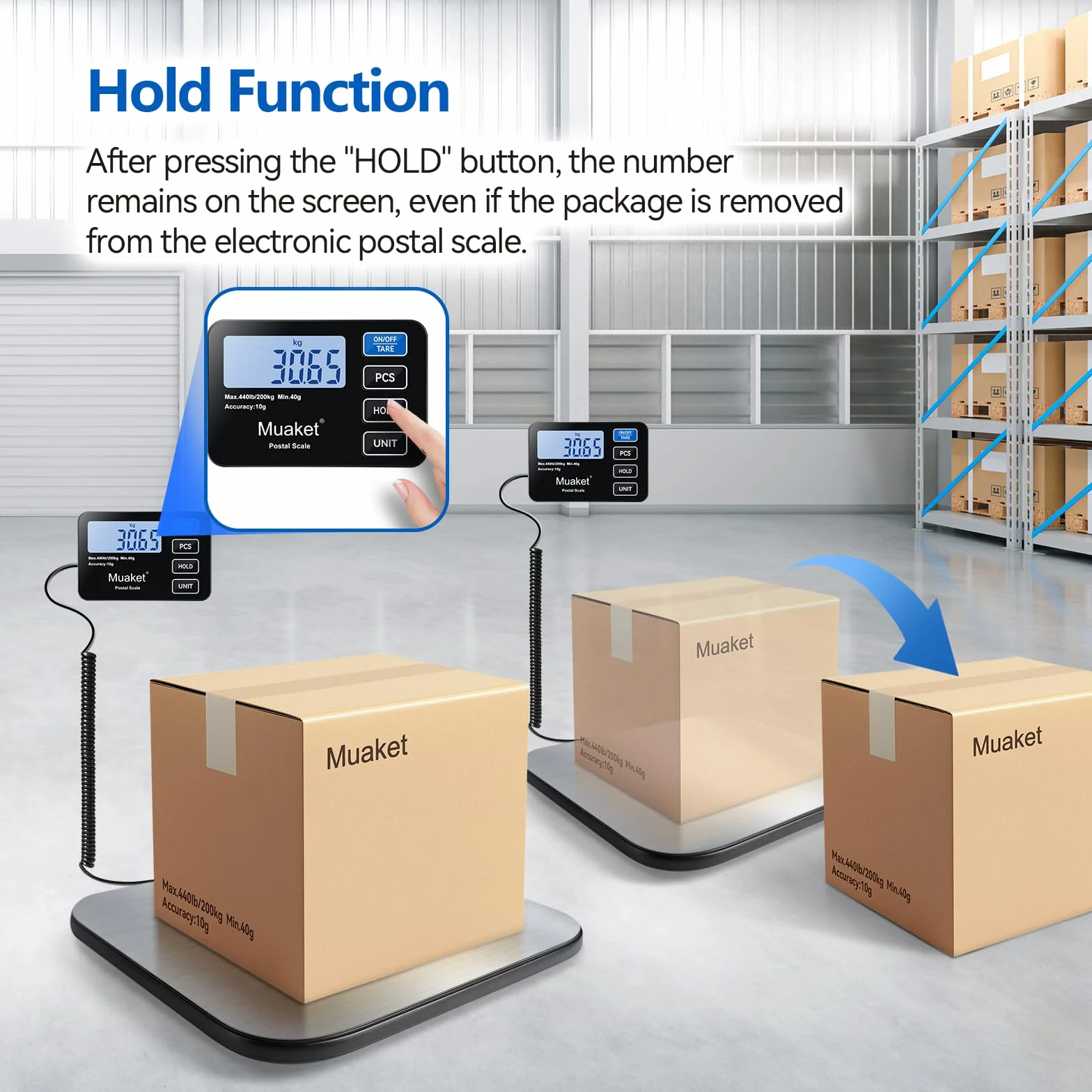 200kg/10g Paketwaage, Digitale Plattformwaage mit Halte und Tarafunktion, hochpräzise Waage mit LCD-Display, Postal scale für Gepäck, Pakete und Lager, inklusive 2 AAA-Batterien und Ladekabel