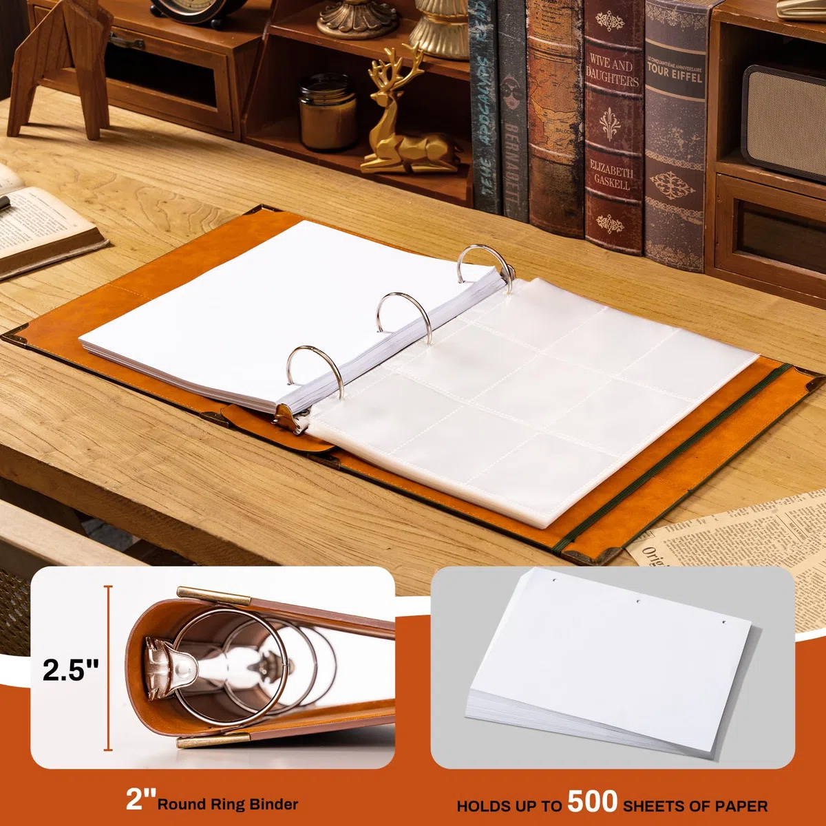 Ovesmusl 3-Ringbuch aus PU-Leder, passend für Papier im Letter-Format (21,6 x 27,9 cm), 5,1 cm runder Ringordner für 500 Blatt, Notizblock-Papiereinband, Loseblatt-Organizer, Grüner Baum