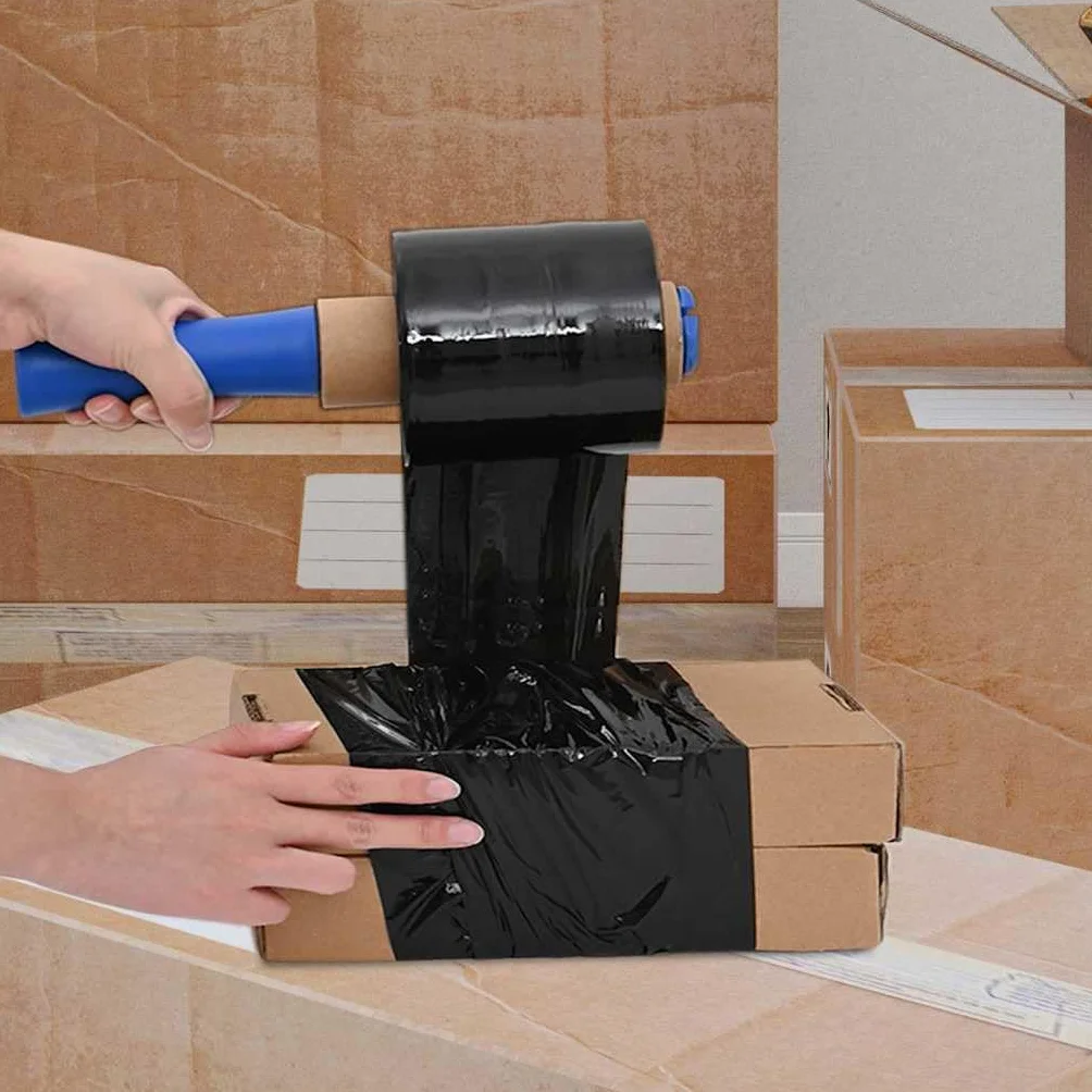 PE Stretchfolie Schwarz 23 μm 10 cm x 150 m, 50 Stück Stretchfolien mit Griff, strapazierfähige Verpackungsfolie aus Polyethylen für Schutz vor Staub und Schmutz bei Lagerung