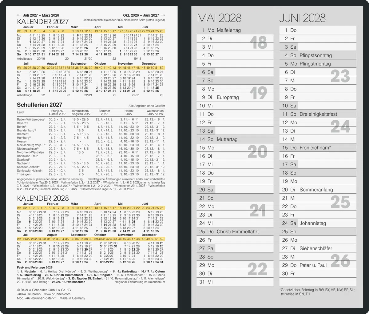 BRUNNEN Taschenkalender Mod. 746 2027 | A6, Leder, schwarz