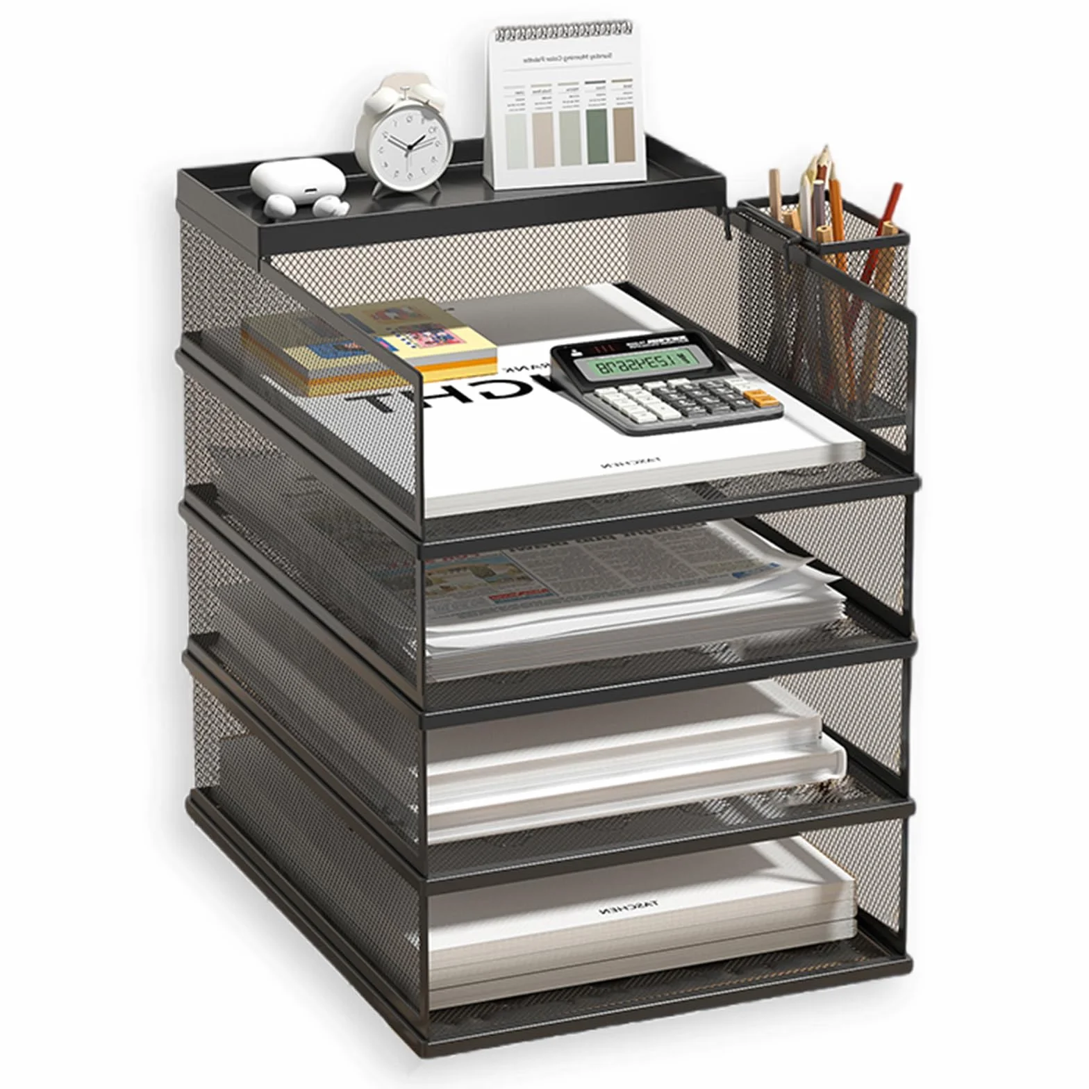 Stapelbare Briefablage mit 5 Ebenen, Büro-Schreibtisch, Papier-Organizer, Aktenablagen, Schreibtischhalter für Papierbriefzubehör, mit Stifthalter