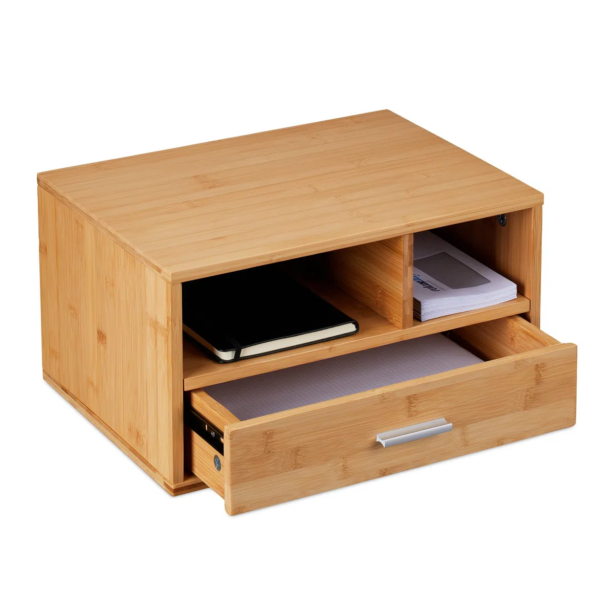 Relaxdays Schreibtisch Organizer, 1 Schublade, 2 Fächer, HxBxT: 22 x 40 x 31 cm, Bambus, Tisch-Organizer für Büro, Natur