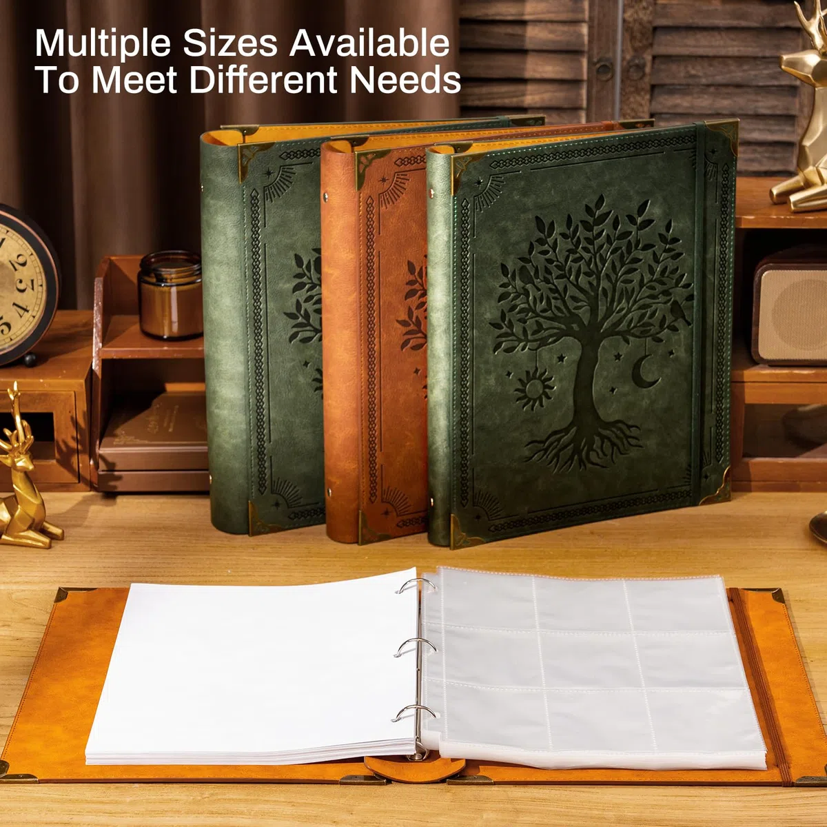 Ovesmusl 3-Ringbuch aus PU-Leder, passend für Papier im Letter-Format (21,6 x 27,9 cm), 5,1 cm runder Ringordner für 500 Blatt, Notizblock-Papiereinband, Loseblatt-Organizer, Grüner Baum