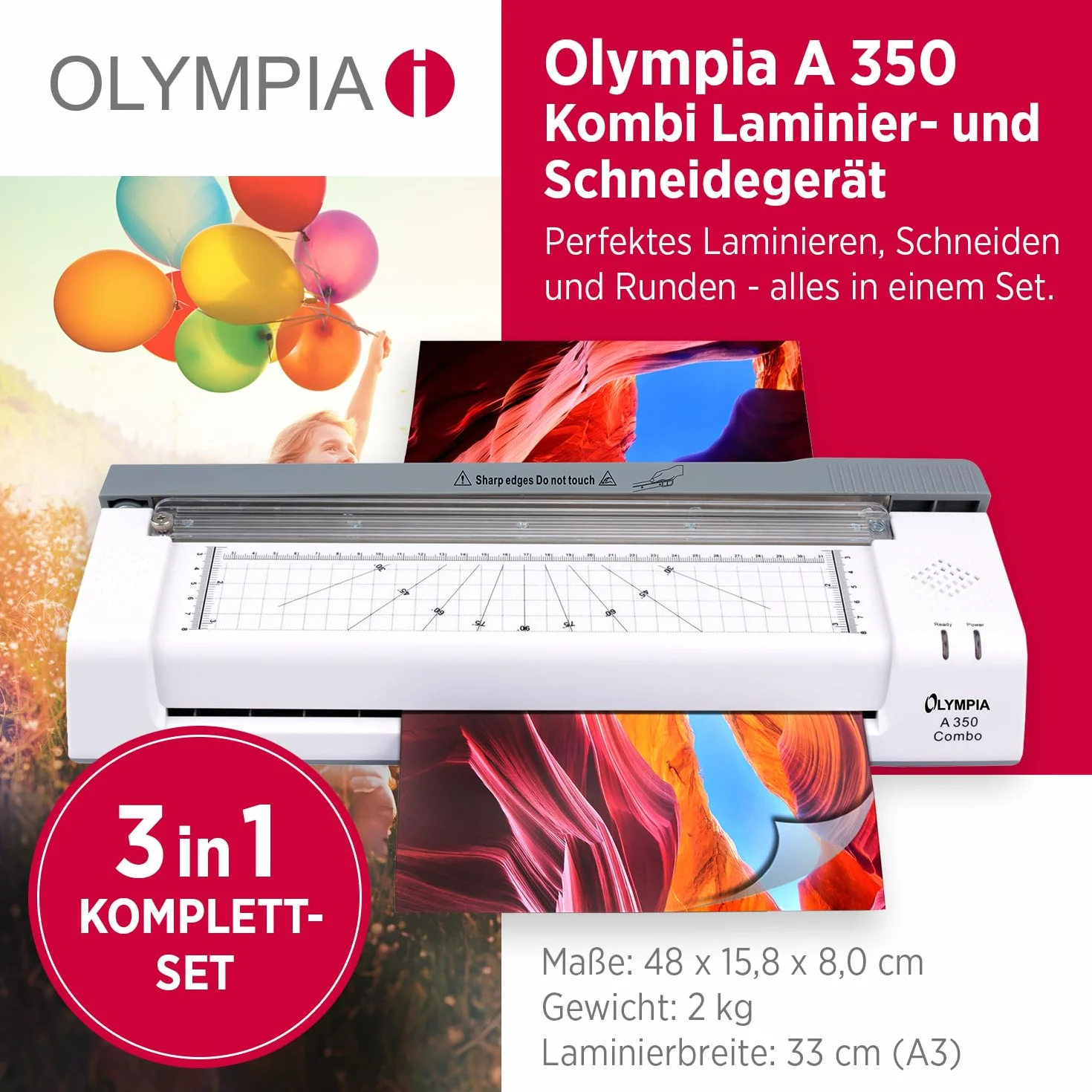 Olympia A 350 Combo 3-in-1 Laminiergerät | Heiß- und Kaltlaminieren | Kombi Laminier- und Schneidegerät | Keine Blasenbildung | Laminiergerät A4 | Laminator | Modernes und kompaktes Design