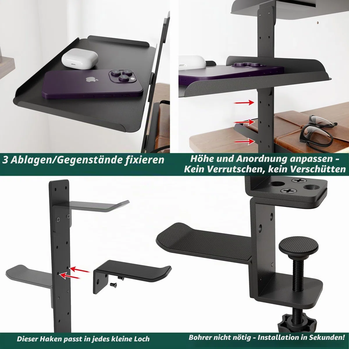 3-stufig Flexibles Klemmregal Schreibtisch Regal über & unter Tisch | Keine Bohrung, 3 Ablagen 28x17,5cm, 1,5-6cm Tischplatte, Edelstahl, Büro/Gaming, TV-Bank, Schreibtisch Erweiterung, seitlich