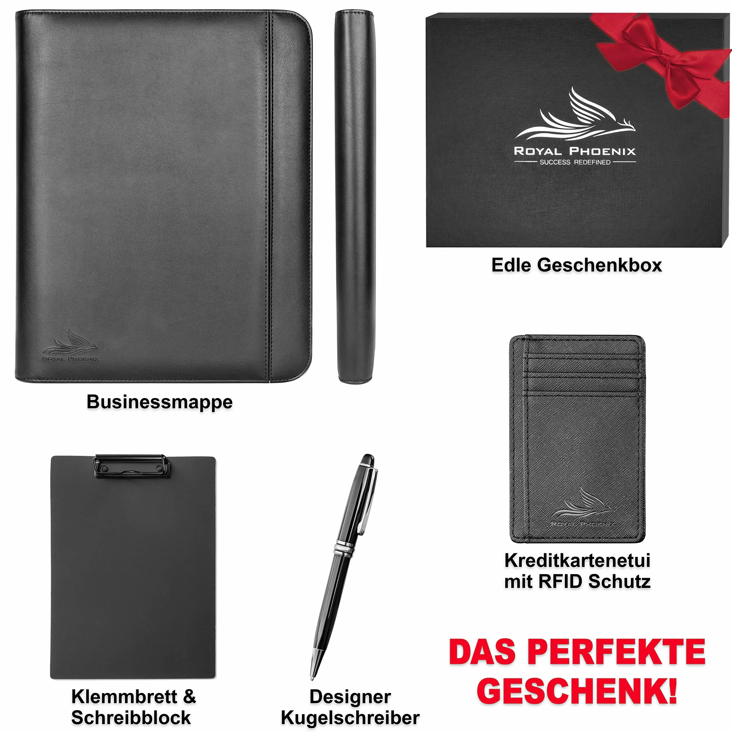 Business Schreibmappe A4 'Eagle' - Hochwertige Dokumentenmappe mit Tablet Halterung - inkl. Kreditkartenetui + EXTRAS - Business Organizer aus hochwertigem Kunstleder Schwarz