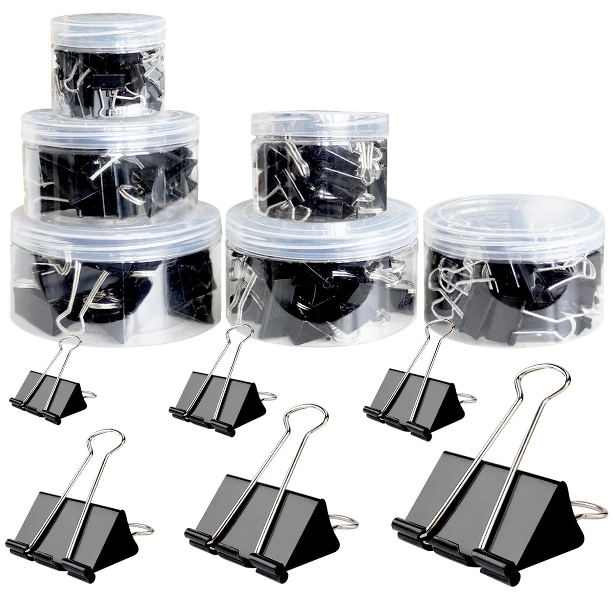 208 Stück Binderklammern, Büroklammern, verschiedene Größen, schwarz, mit Box, Jumbo, groß, mittel, klein, Mini und Micro, 6 Größen für Büro, Schule und Zuhause