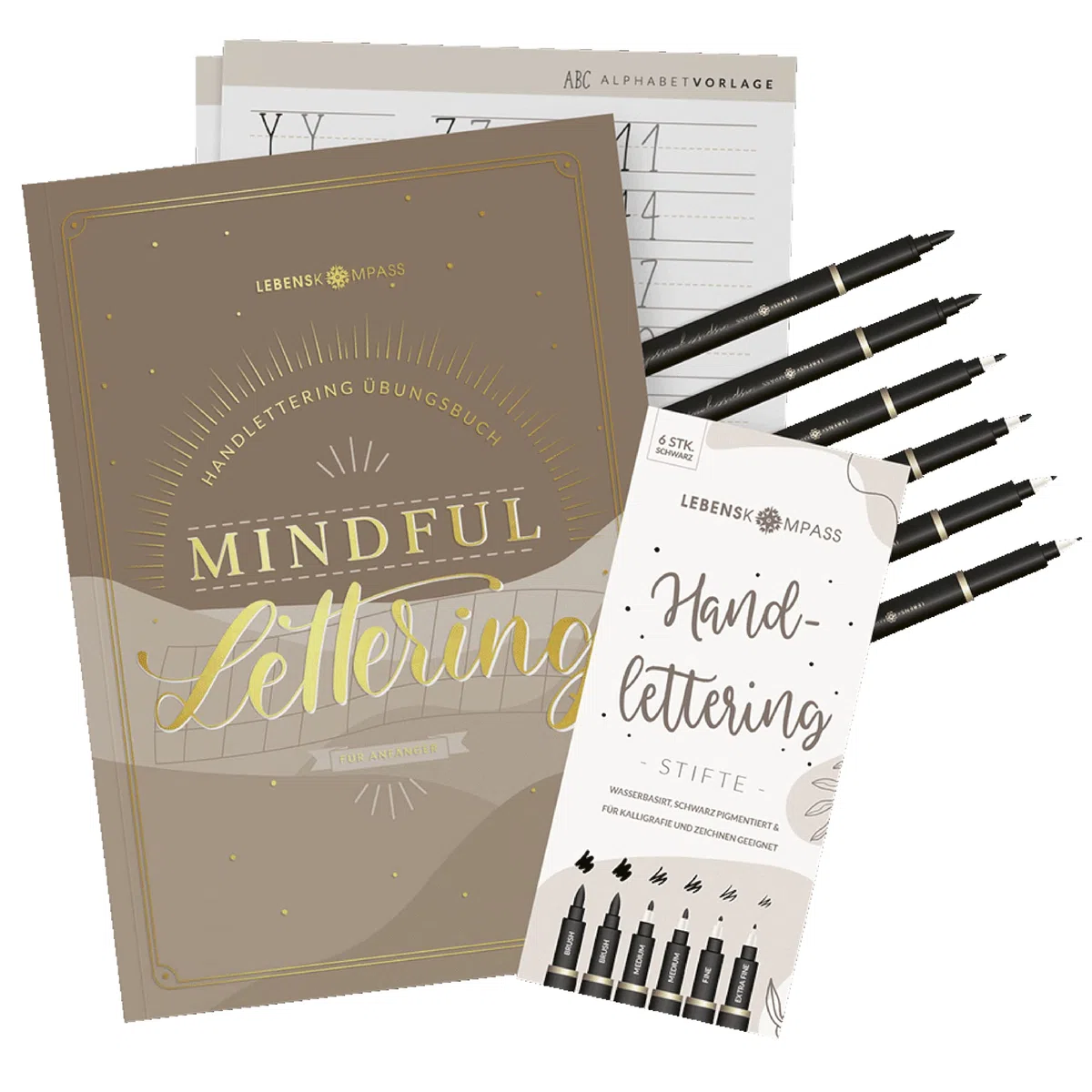 LEBENSKOMPASS Handlettering Starter Set mit Stiften und Buch für Anfänger ”Mindful Lettering” Kalligraphie und Hand Lettering lernen mit Übungsheft und Stiften