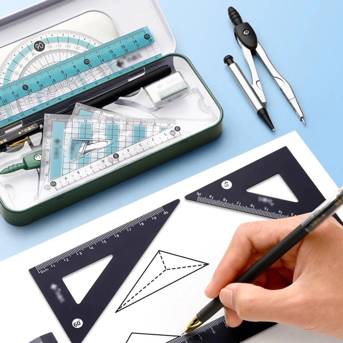 Mathe-Set, Winkelmesser-Set, Mathe-Geometrie-Set, 8-teilig, mit Aufbewahrungsbox, Schülerbedarf, Zeichenkompass, inklusive Winkelmesser, Linealen, Zirkel, Anspitzer, Minenminen, Bleistift, Radiergummi