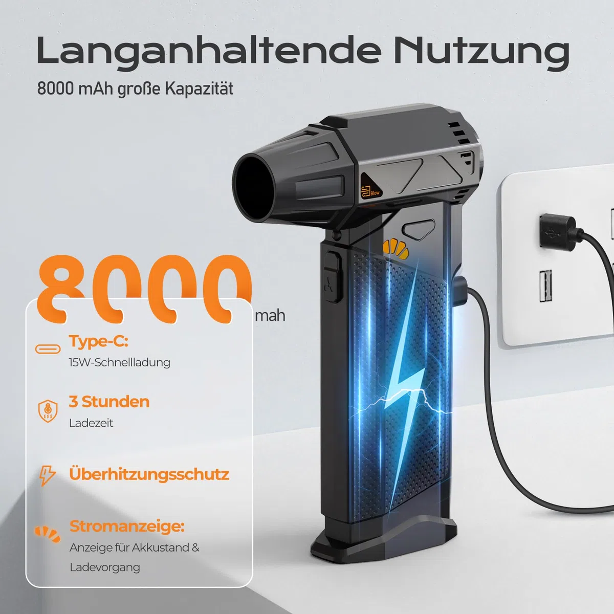 SEANCHEER 2-in-1 Elektrische Staubgebläse & Mini Staubsauger, 180000 U/min Stufenlose Drehzahlregelung Compressed Air Duster, 8000mAh Akku, für PC/Sofa/Auto. (Schwarz - mit Staubsauger)