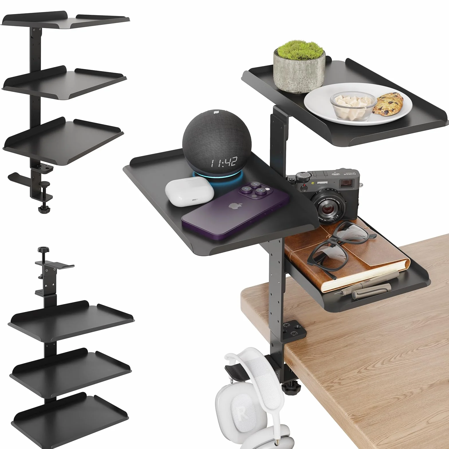 3-stufig Flexibles Klemmregal Schreibtisch Regal über & unter Tisch | Keine Bohrung, 3 Ablagen 28x17,5cm, 1,5-6cm Tischplatte, Edelstahl, Büro/Gaming, TV-Bank, Schreibtisch Erweiterung, seitlich