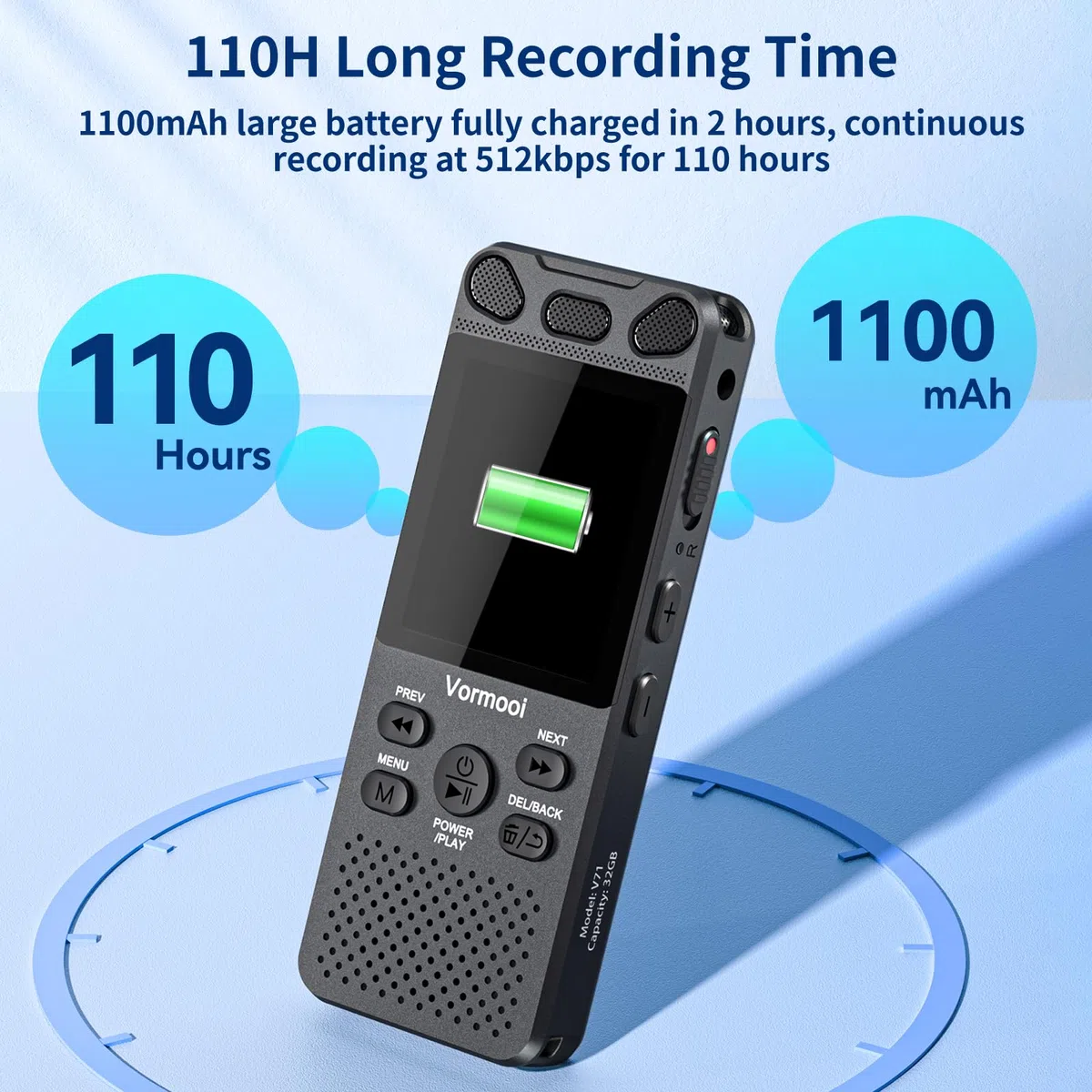 80 GB 110 Stunden professioneller Sprachrekorder Vormooi | 2,15 Zoll Bildschirm Farben, externes Mikrofon, Sprachaktivierung, digitaler Audio-Rekorder, Konferenzunterricht