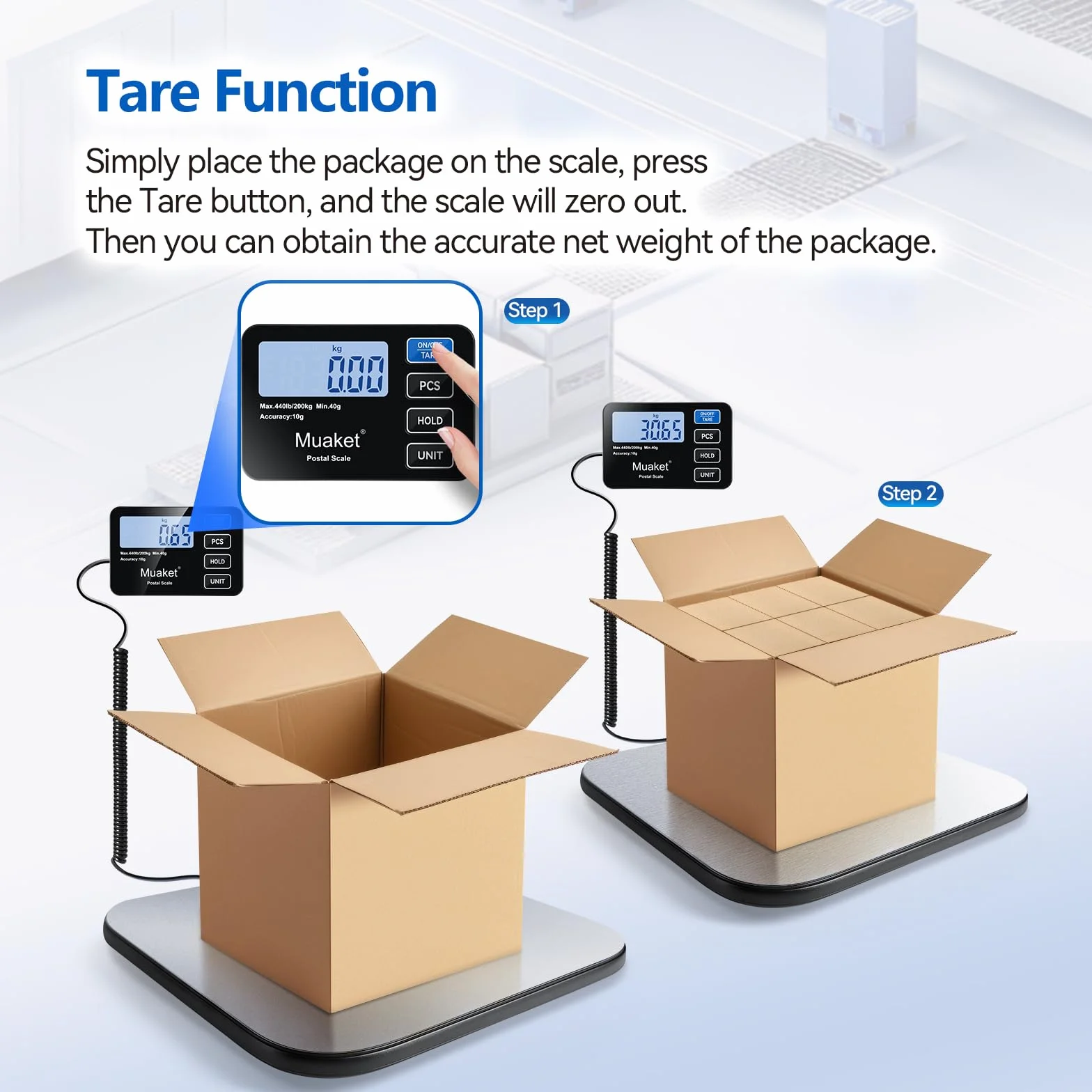 200kg/10g Paketwaage, Digitale Plattformwaage mit Halte und Tarafunktion, hochpräzise Waage mit LCD-Display, Postal scale für Gepäck, Pakete und Lager, inklusive 2 AAA-Batterien und Ladekabel