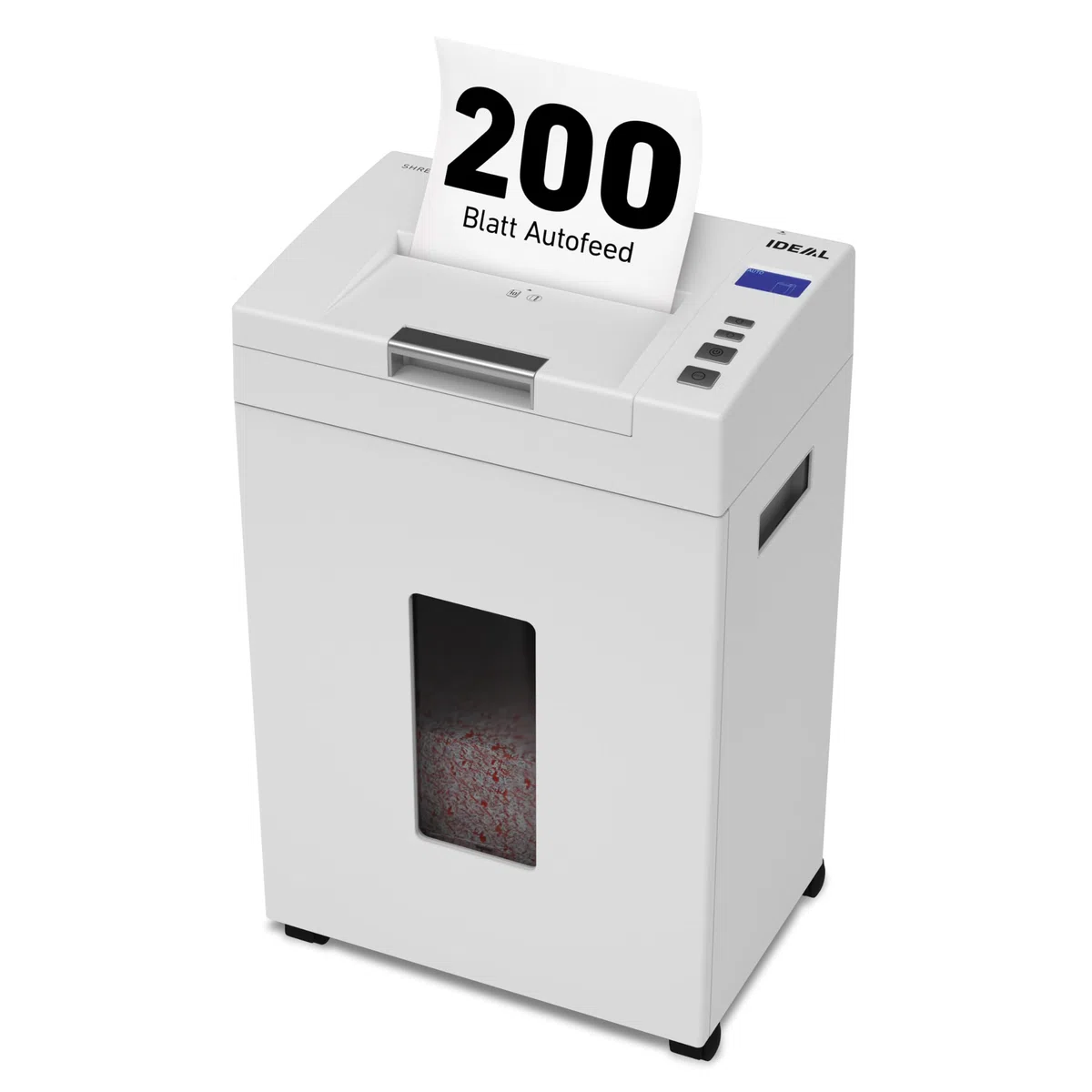 Autofeed Aktenvernichter IDEAL Shredcat 8292, 200 Blatt Papierstapel mit automatischem Einzug schreddern, 10 Blatt manuell, Partikelschnitt P4, leiser Betrieb – spart Zeit im Büro, Verwaltung, Schulen