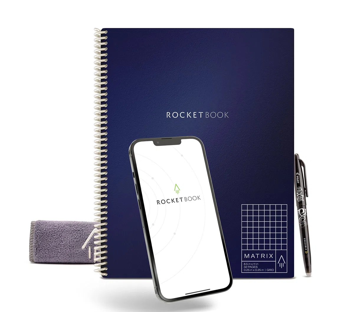Rocketbook Matrix Digitales Notizbuch Millimeterpapier Seiten - Wiederverwendbarer Notizblock - 21,6 x 27,9cm - Wiederbeschreibbar mit inkl. Pilot Frixion Stift und Mikrofasertuch - Blue | Smart Isometrisches Notizbuch, App-verbunden, inklusive Stift und
