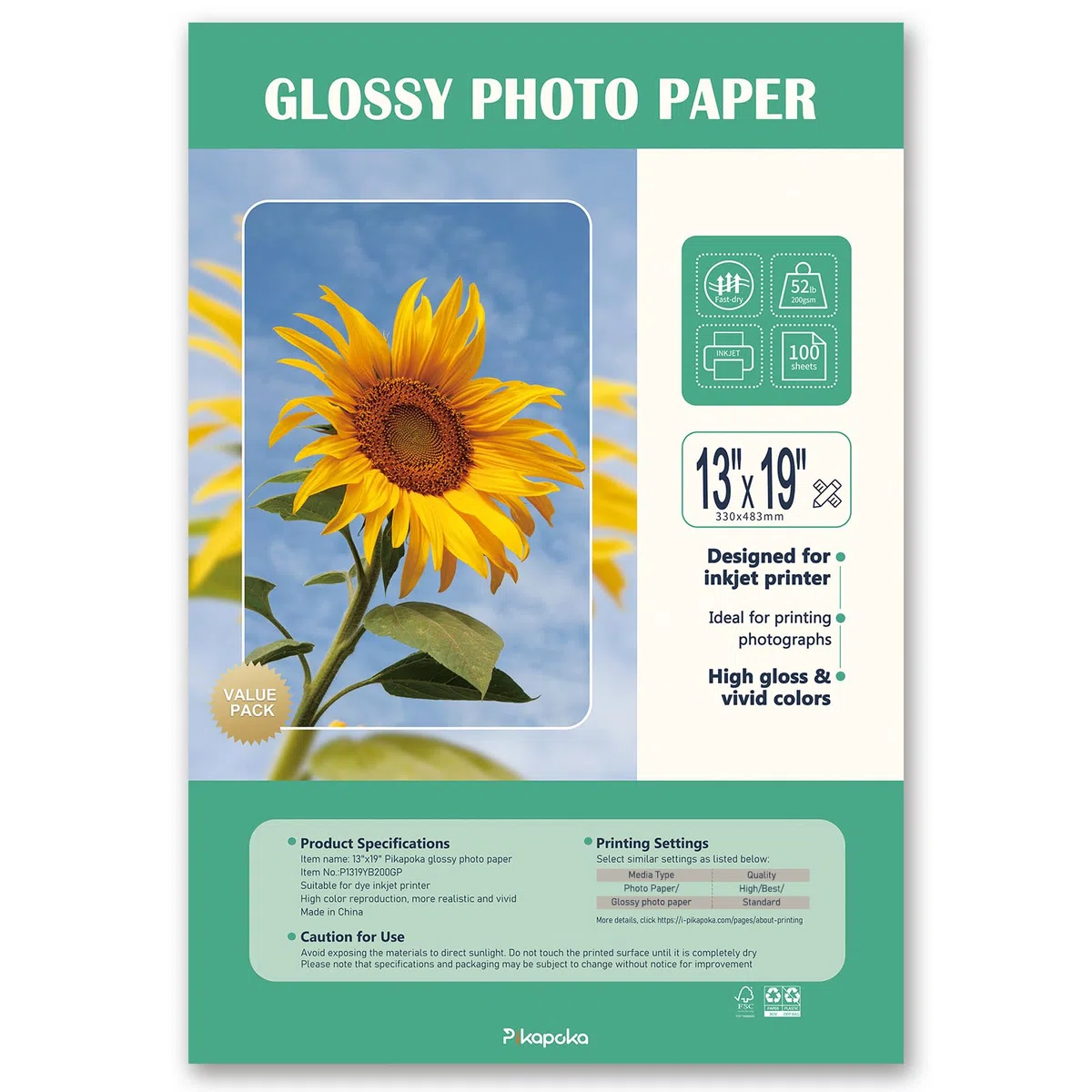 Glänzendes Fotopapier für Tintenstrahldrucker, A3+, großes Fotopapier, Super-B-Größe, 100 Stück, 200 g/m², 33 x 48 cm