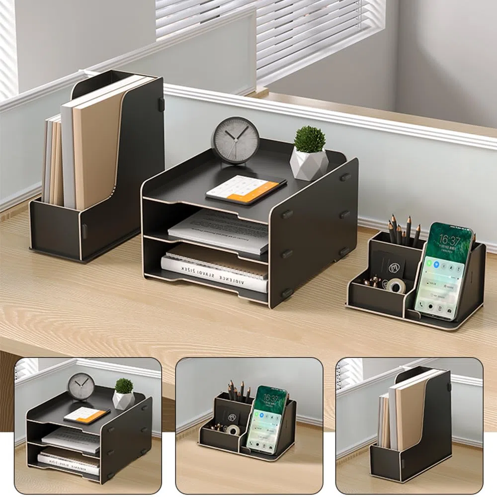 NUODWELL Holz Schreibtisch-Organizer-Set – 3-Etagen-Papier-Briefablage/A4-Datei-Dokumentenhalter/Stiftehalter, Desktop-Organizer und Aufbewahrung für Büromaterial (Schwarz)