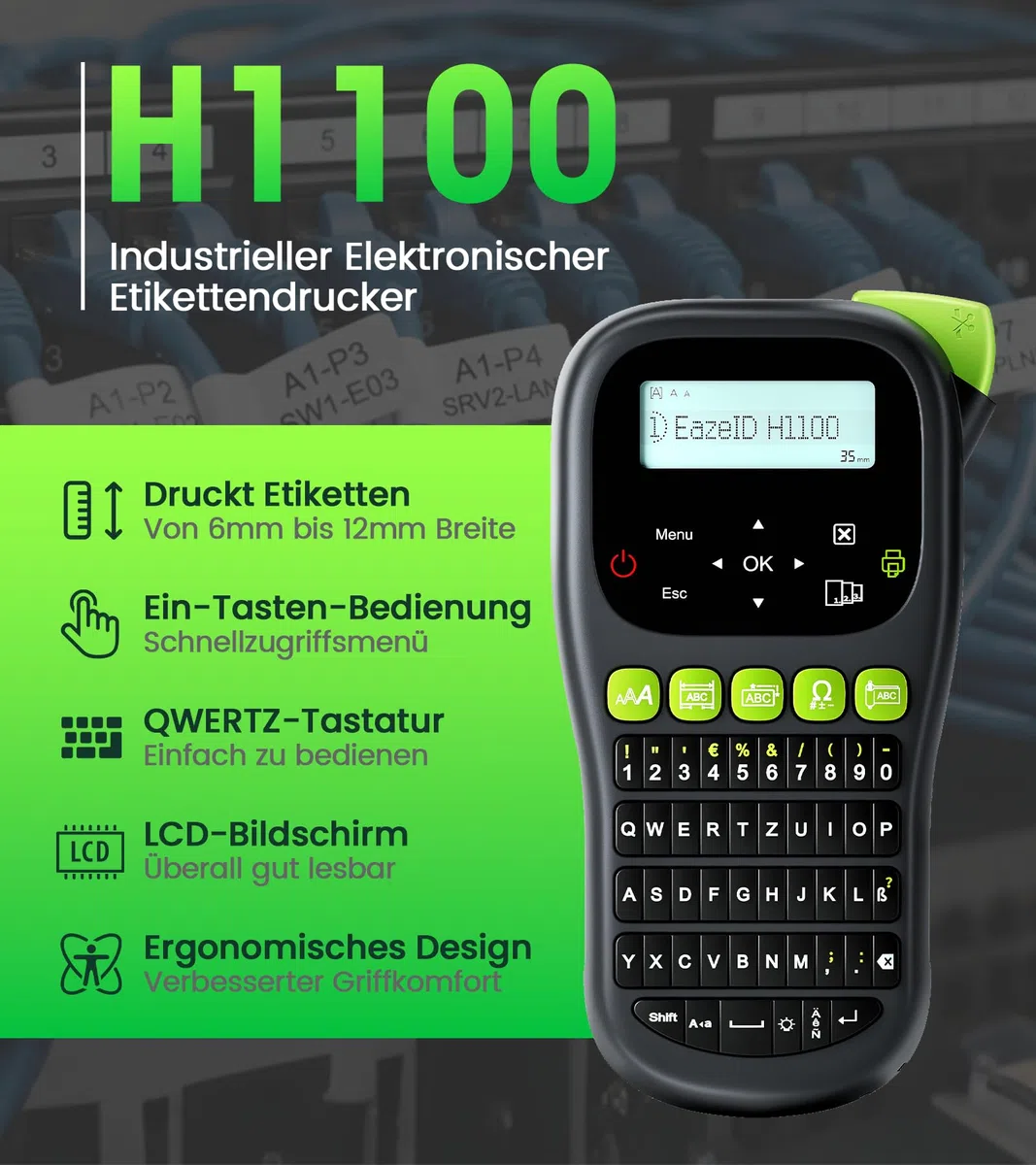 Industrielles Etikettiergerät mit 8PK Weiß BZ Breite 12mm, Tragbares Beschriftungsgerät, Kabelkennzeichnung, H1100 Etikettendrucker für Industrie, Büro & Werkstatt