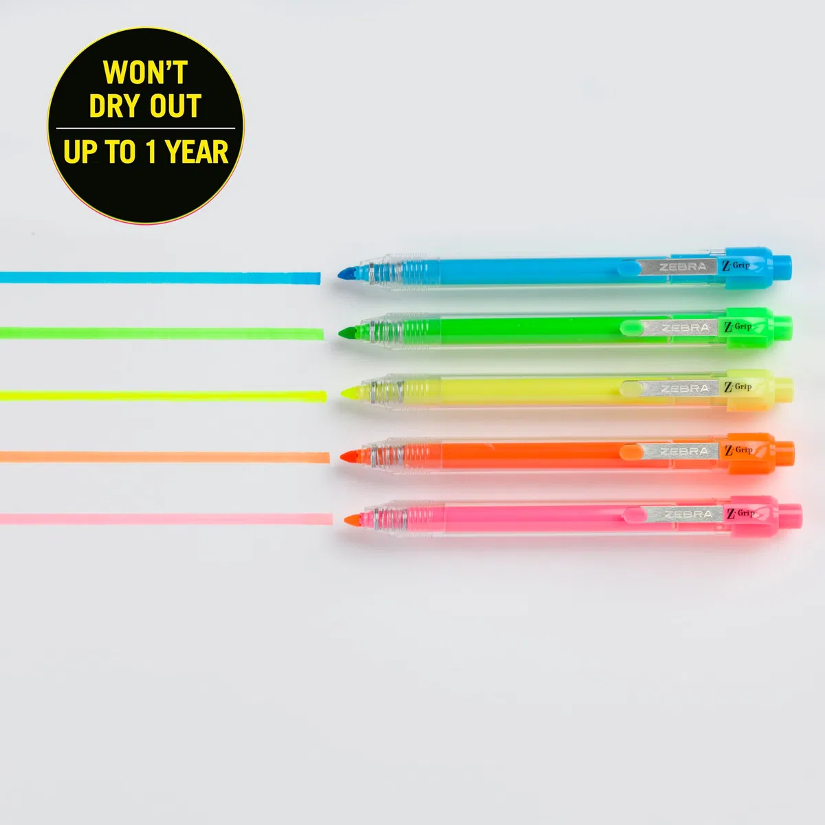 Zebra Pen Z-Grip Textmarker-Set, einziehbar, Keilspitze, verschiedene Neonfarben, 5 Stück