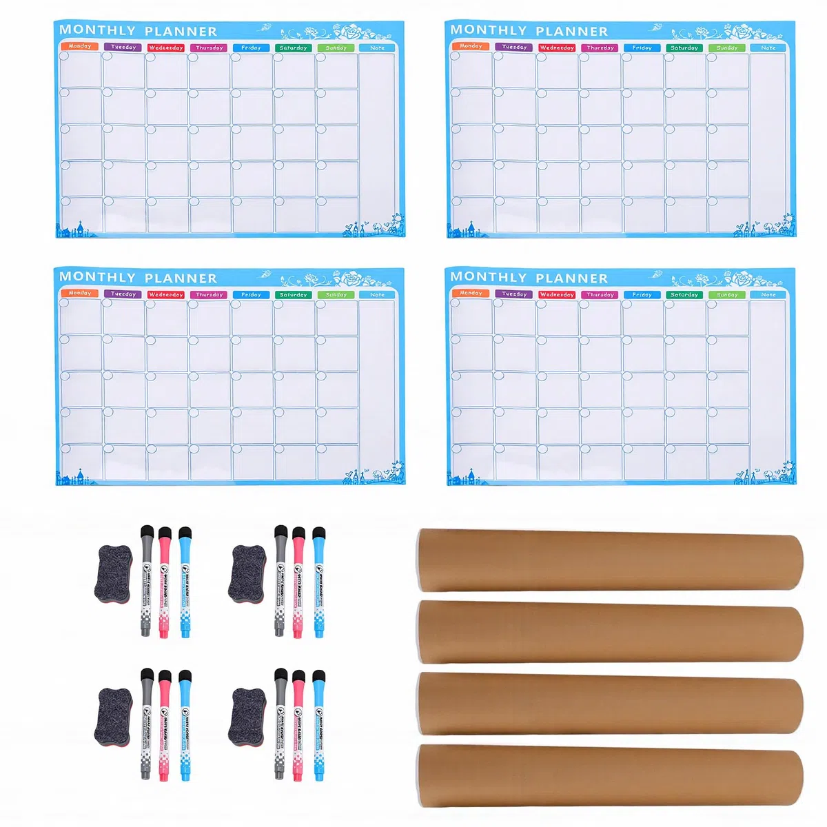 Zerodis 4 Stück Kühlschrankkalender, Starker Magnet, Familienplanungsnabe, Trocken Abwischbarer Magnetischer Kalender, Inklusive 4 Whiteboards, 12 Stiften und (Sets roter, blauer, schwarzer Stift)