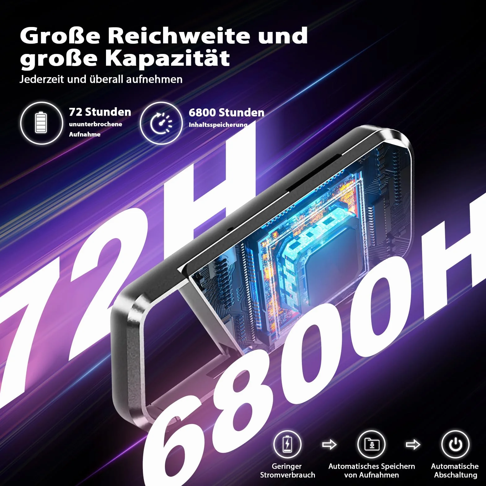 72GB Diktiergerät mit Spracherkennung –Aufnahmegerät, Mobile Rekorder mit DSP5.0 OTG-fähig, 6800h Inhalte-Lange Aufnahmen Diktiergerät, Voice Recorder für Meeting/Interview/Vorlesungen
