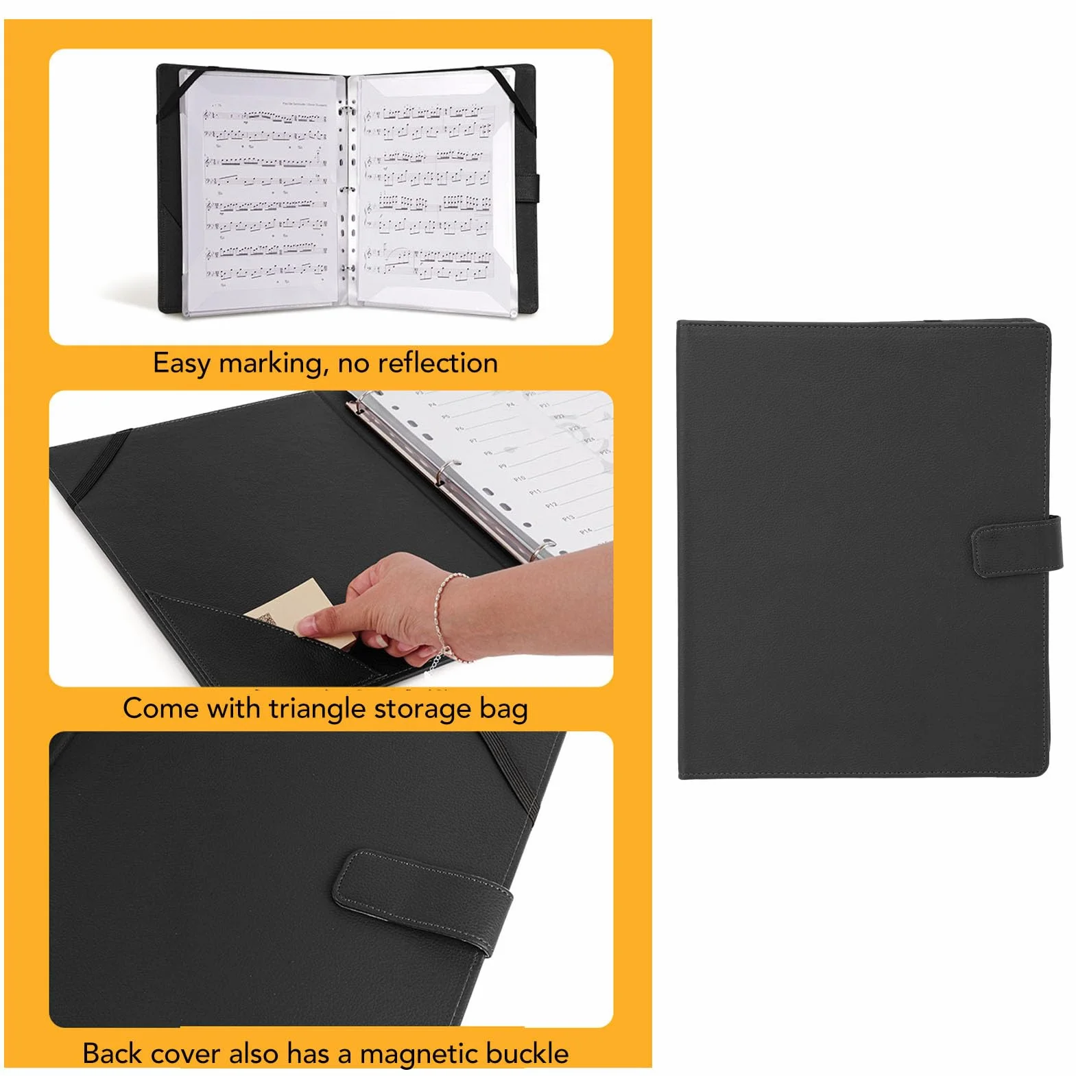 RiToEasysports Bandorchester Notenmappe A4 3-Ring-Klaviermappe mit Seitenzahlen, Einfach Zu Verwenden Für Studenten, Musikliebhaber (BLACK)