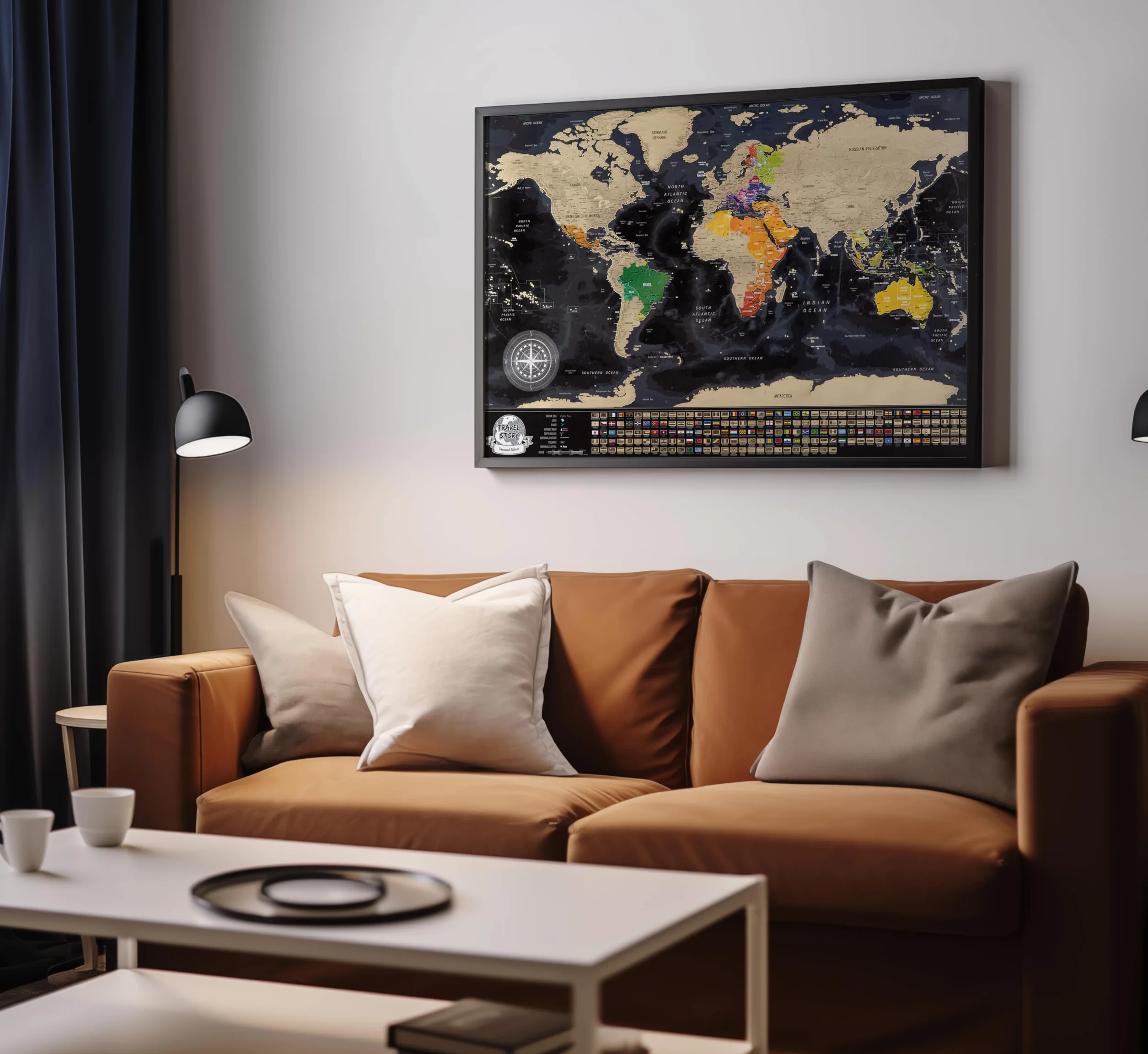 Scratch off World Map - Black Map with Gold Foil, Map size to fit standard Frames, World Map with Country Flags