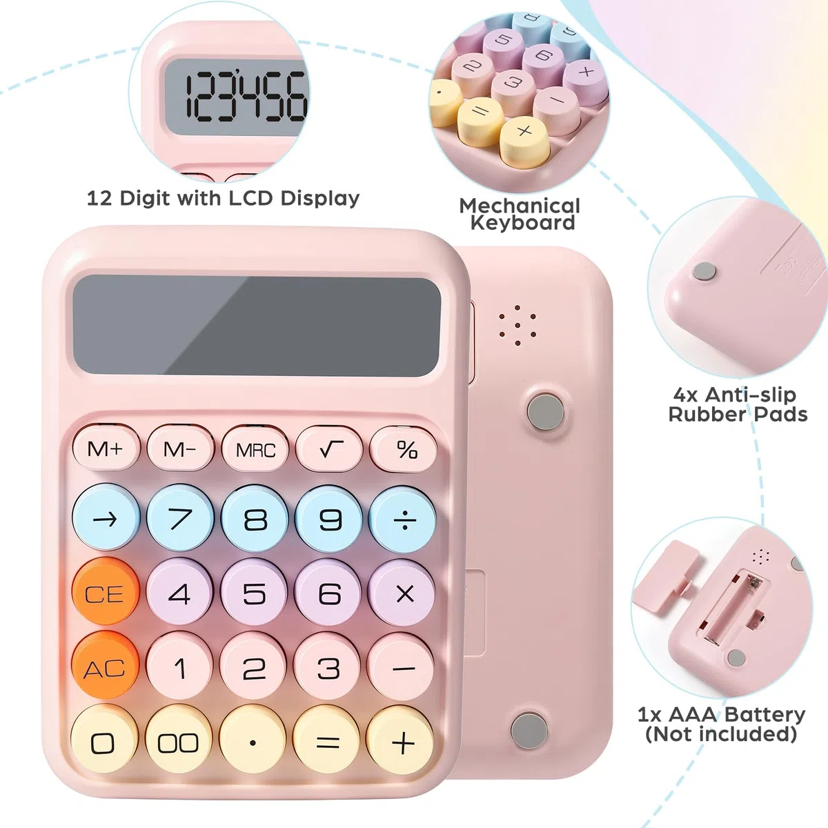 Taschenrechner mit mechanischer Tastatur, 12-stelliges großes Display mit Batteriebetrieb, 4 weiche Pastellfarben für einfache Verwendung im Büro, in der Schule und zu Hause, 8 Stück
