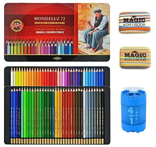KOH-I-NOOR Artist's Set of Mondeluz Aquarelle 72 Coloured Pencils + 2xEraser + Sharpener 4 in 1 by Koh-I-Noor