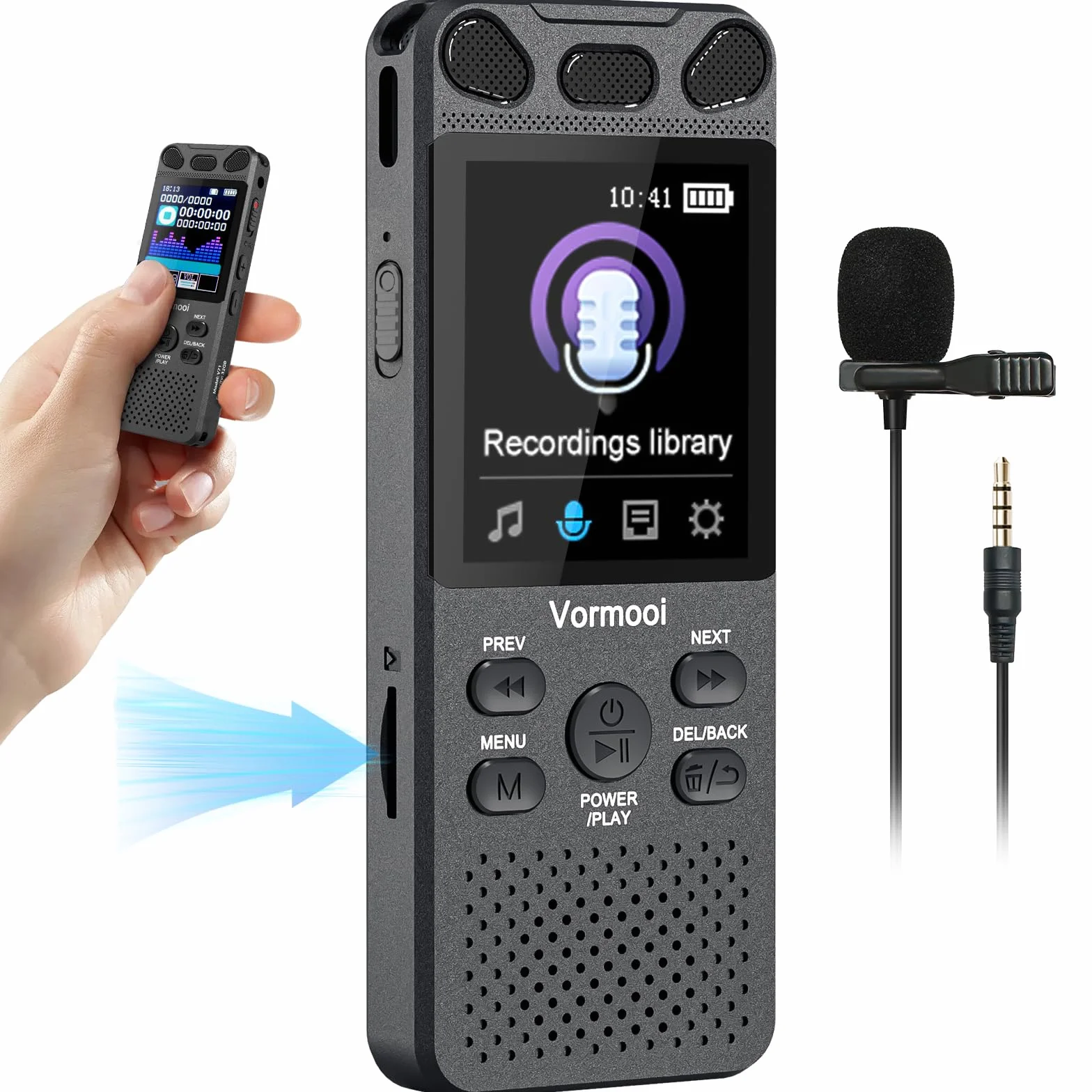 16GB Diktiergerät Digitales 110 Std Aufnahmegerät mit Externes Mikrofon, Vormooi 2,15" Farbbildschirm Voice Audio Recorder, USB-C Diktiergeräte MP3 mit Spracherkennung/Wiedergabe für Meeting Interview