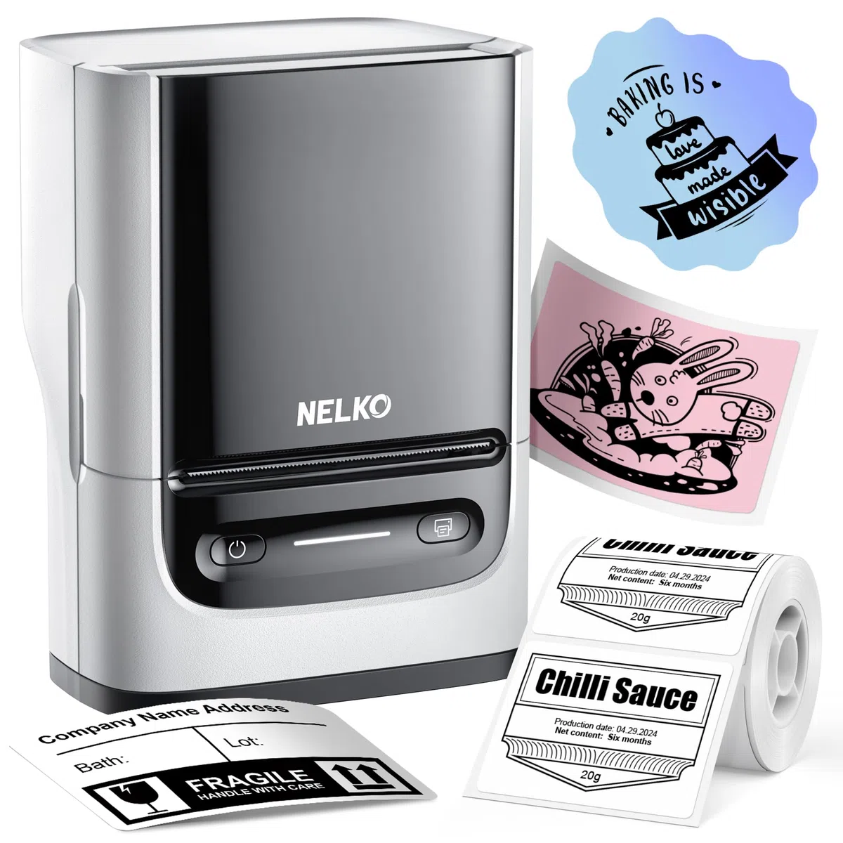 Nelko Etikettendrucker mit 1 Etiketten, Bluetooth PM220 beschriftungsgerät selbstklebend, 2 Zoll Thermo etikettiergerät Aufkleber Kompatibel mit iOS und Android für Einzelhandel, Smart AI APP, Weiß