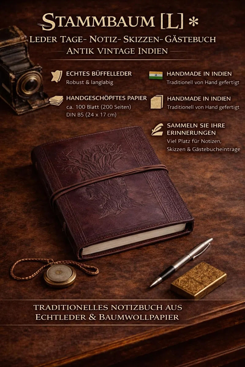 ROOGU Stammbaum [L] * Leder Notiz- Gäste- Skizzenbuch Handmade in Indien – Baum des Lebens Prägung – B5 Format