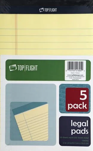 Top Flight Legal Blöcke, 12,7 x 20,3 cm, Lineal, Kanarienvögel, 50 Blatt pro Block, 5 Pads pro Packung (4513105)