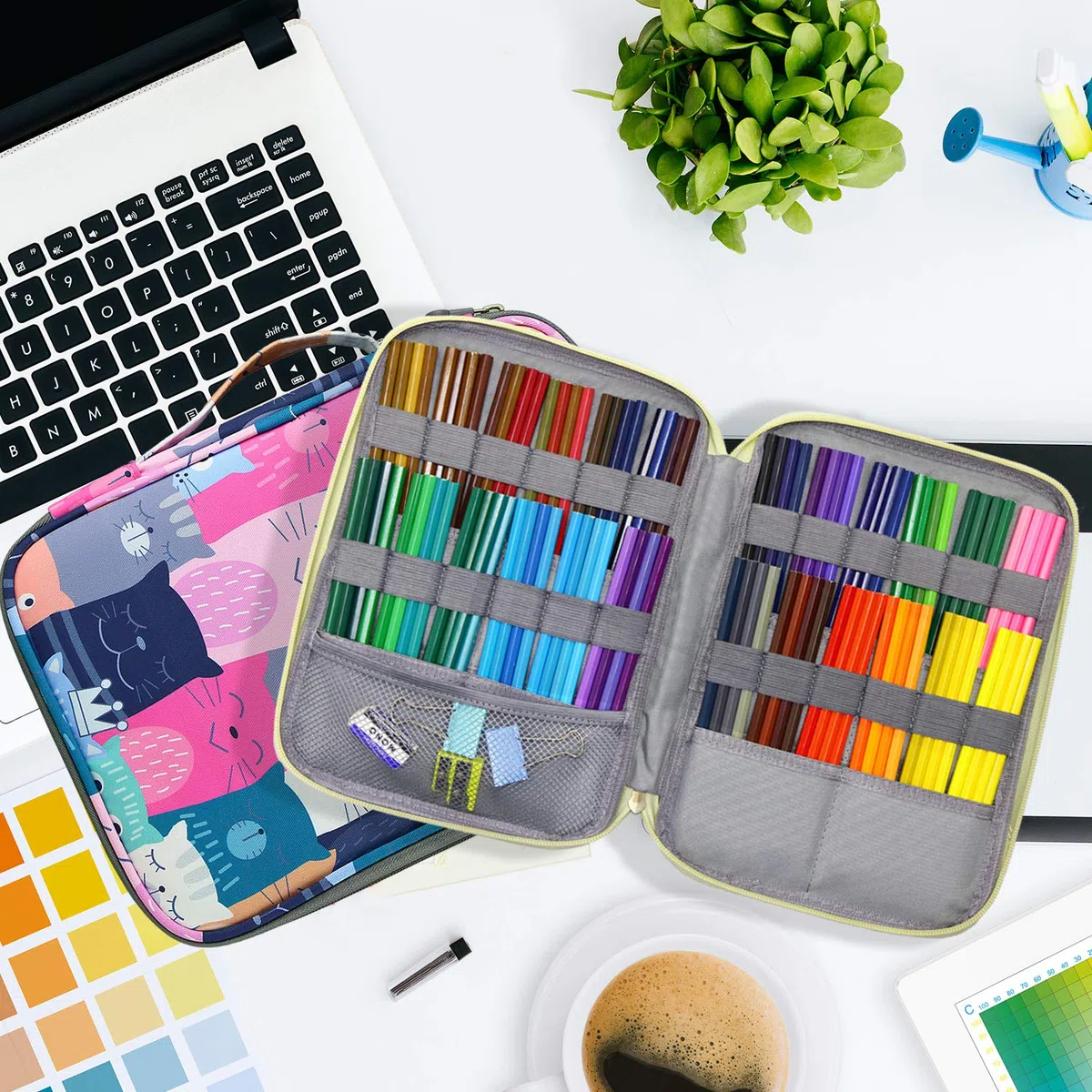 YOUSHARES Federmäppchen mit 96 Fächern, großes Fassungsvermögen, Stiftehalter, Stift-Organizer-Tasche mit Reißverschluss für Prismacolor Aquarell-Buntstifte, Gelstifte für Künstler (lernende Katze)
