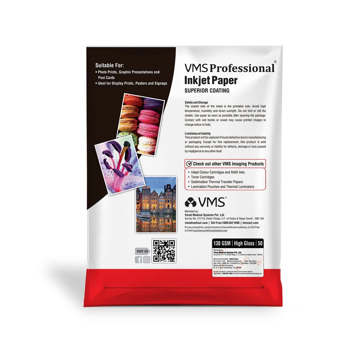 VMS Professionelles Fotopapier, 130 g/m², A4, glänzend, wasserabweisend, 4 x 50 Blatt, kompatibel mit allen Tintenstrahldruckern