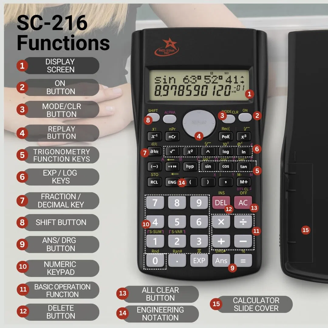 Red Star Tec SC 216 wissenschaftlicher Taschenrechner für die Schule, ohne Grafik, 6 Stück