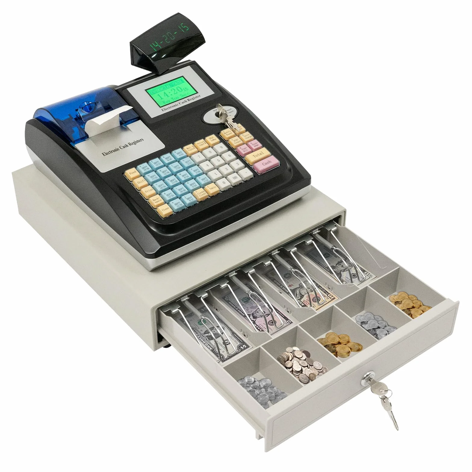 Elektronische Registrierkasse, 36 Warengruppen Kasse 48 Tasten Registrierkasse mit Bon Drucker Anschluss, USB & RS232, 4 Scheinfächer & 5 Münzfächer, Bankschublade für Einzelhandel & Gastronomie