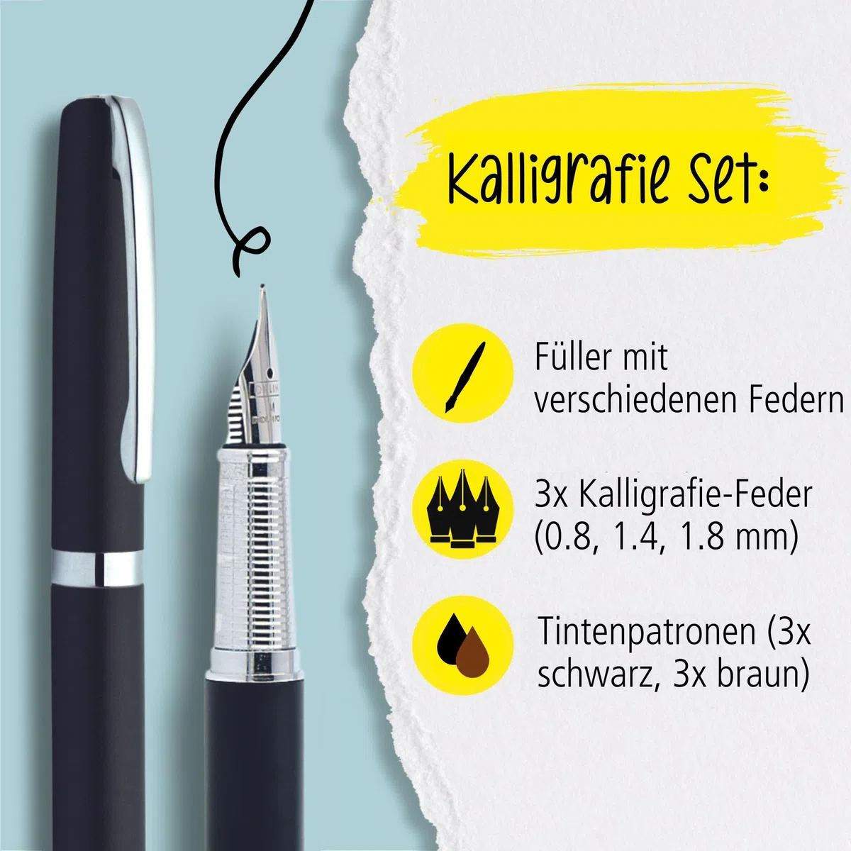 Online Eleganza Kalligrafie Set, Schönschreibfüller mit 3 Federn in den Strichstärken 0,8/1,4/1,8 mm, Kalligrafie Füller Geschenkset, inklusive Tintenpatronen schwarz/braun, Geschenkverpackt