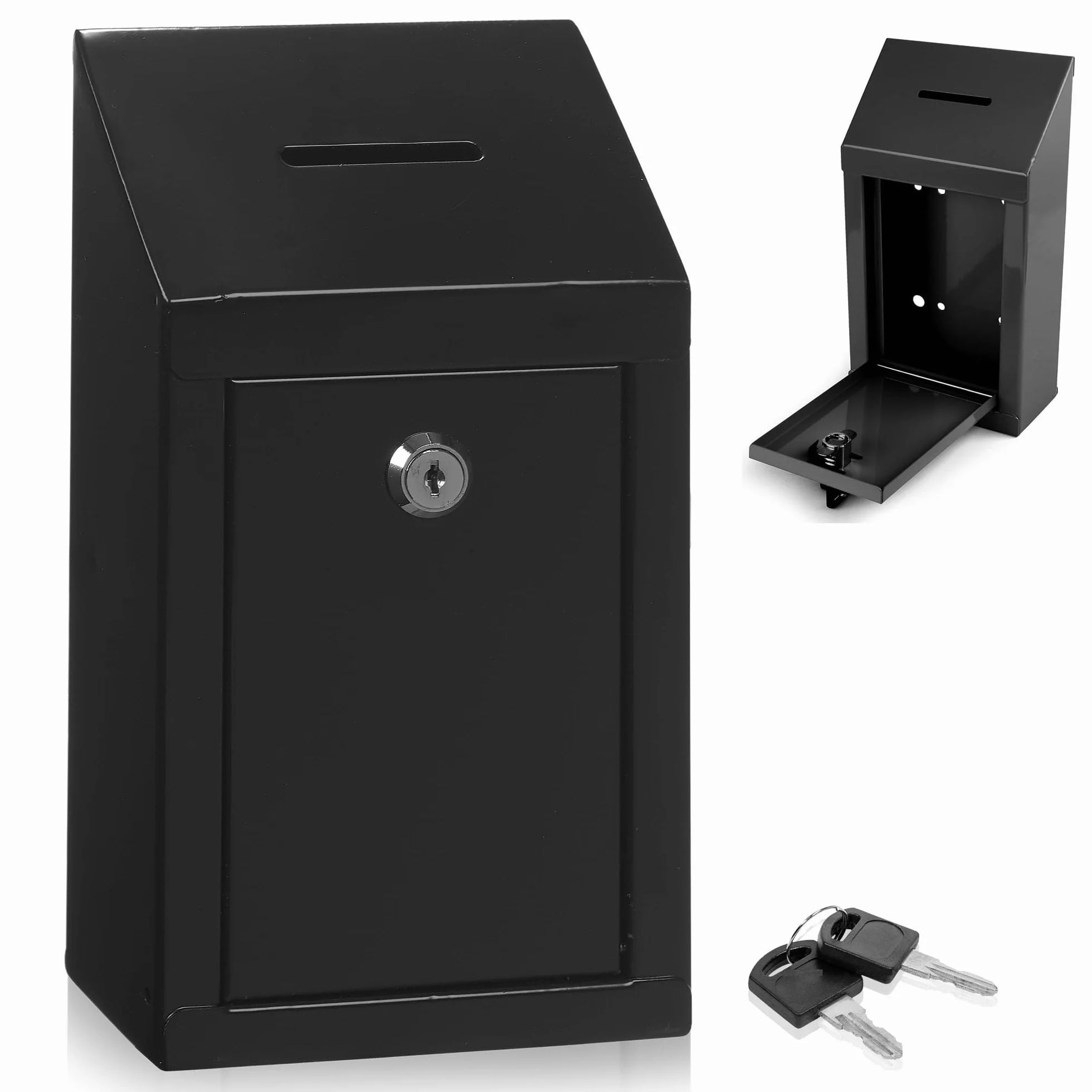 Metall-Spendenbox – Stahl-Sammelbox mit sicherem Schloss, 2 Schlüssel, Wandhalterung, 25,4 x 15,2 x 6,3 cm (Schwarz)