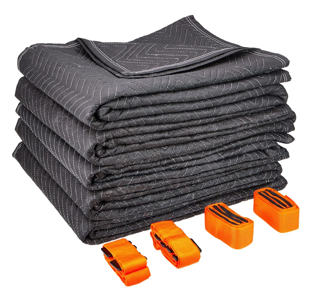 Set von 5 Umzugsfirmenqualität Möbelpackdecken ca 520g/m² - Schwarz, 183x203cm + 1 x Gratis Tragegurte Umzug Transportgurt