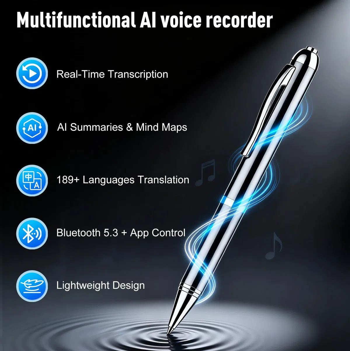 KI Digitales Diktiergerät mit Stift, 32GB Sprachrekorder | Echtzeit-Transkription & Übersetzung, 189+ Sprachen, KI-Zusammenfassungen & Mindmaps, Bluetooth 5.3, leicht für Meetings
