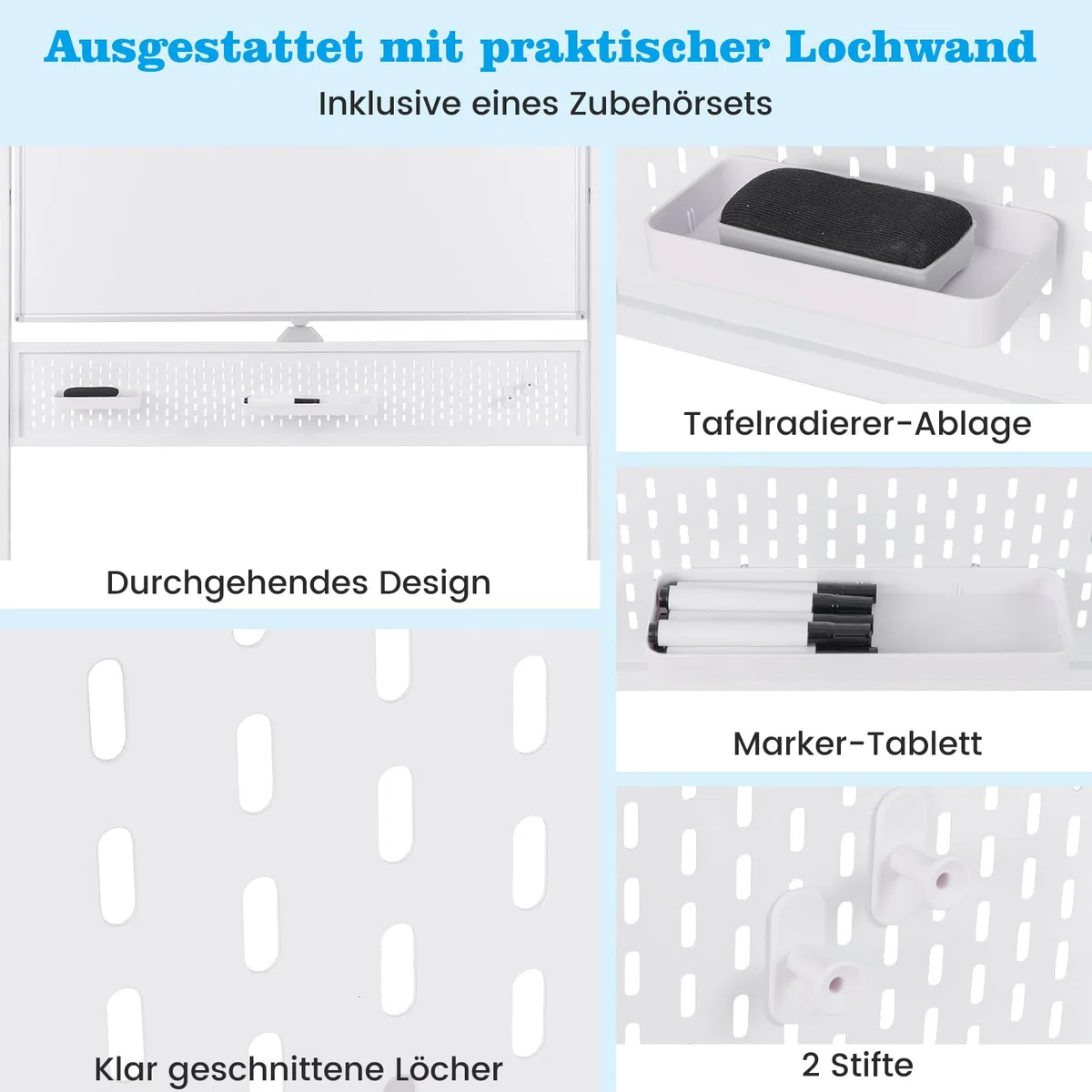 COSTWAY Doppelseitiges mobiles Whiteboard, 120 x 90 cm, Trocken abwischbares magnetisches Whiteboard mit Stecktafel, Rollen und Ständer, inkl. Zubehör für Büro, Zuhause, Weiß