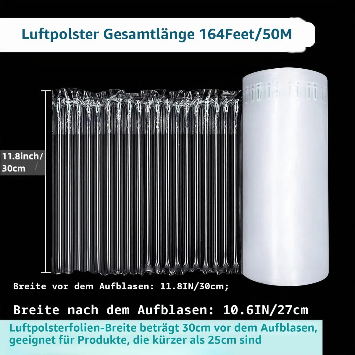 Luftpolsterfolie, aufblasbare Luftsäulenverpackung, große Luftpolsterrolle für schwere Beanspruchung, Versandbedarf für Online-Shop, Umzugsverpackungsrolle (transparent, 30cm x 50 m)